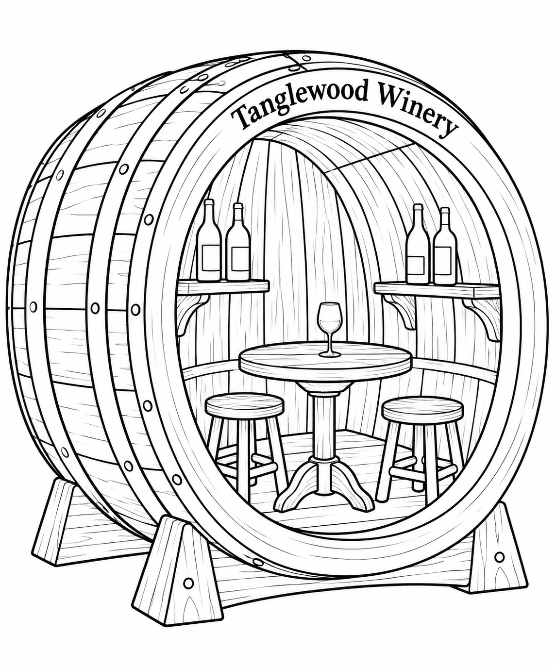 An imagined oversized oak wine-aging barrel has an open round end revealing a snug empty tasting nook: a small round table, two simple stools and two short bottle shelves follow its curved wooden interior.
