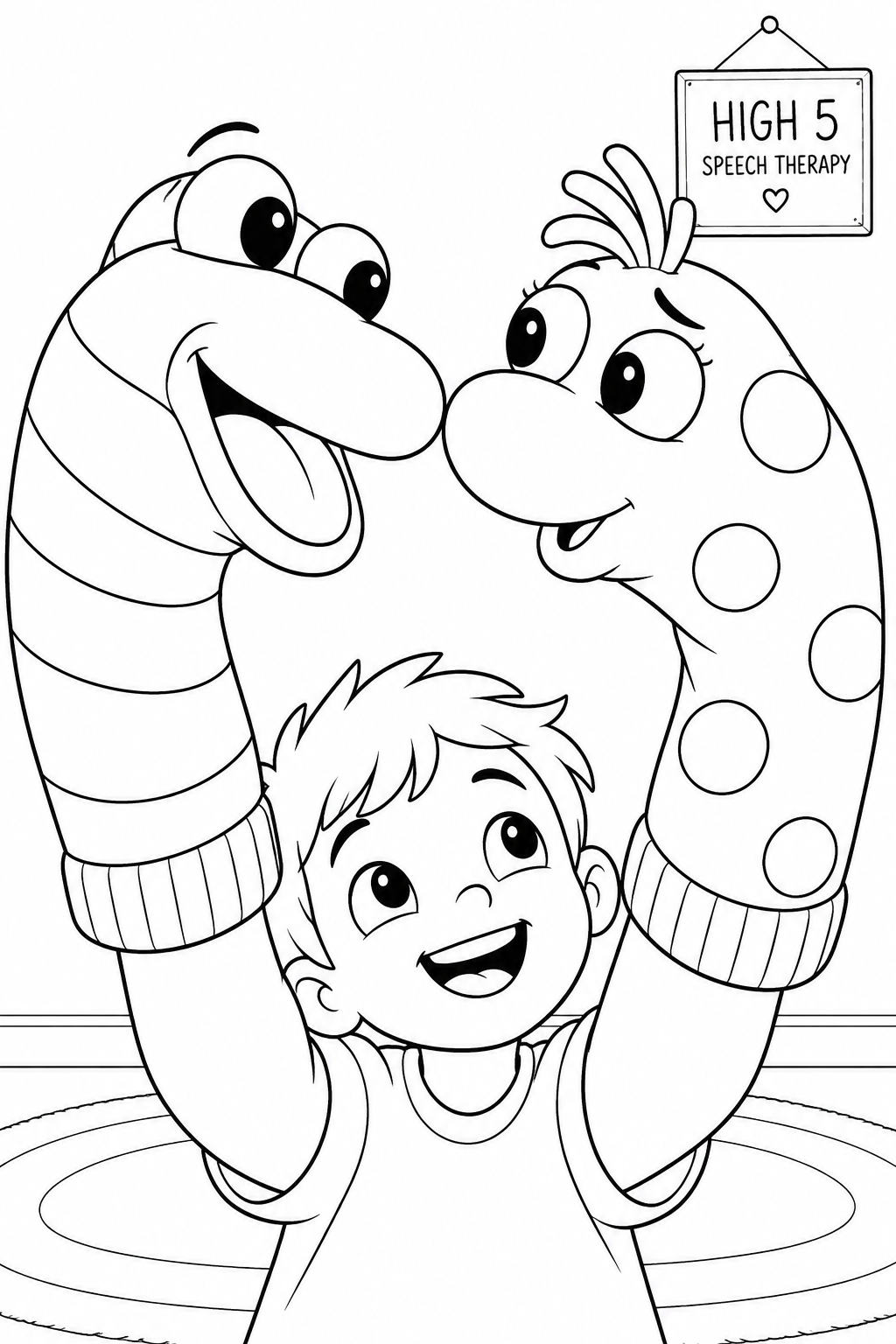 A striped puppet tells something exciting to a wide-eyed spotted puppet, their large silly faces almost touching while their maker peeks below.
