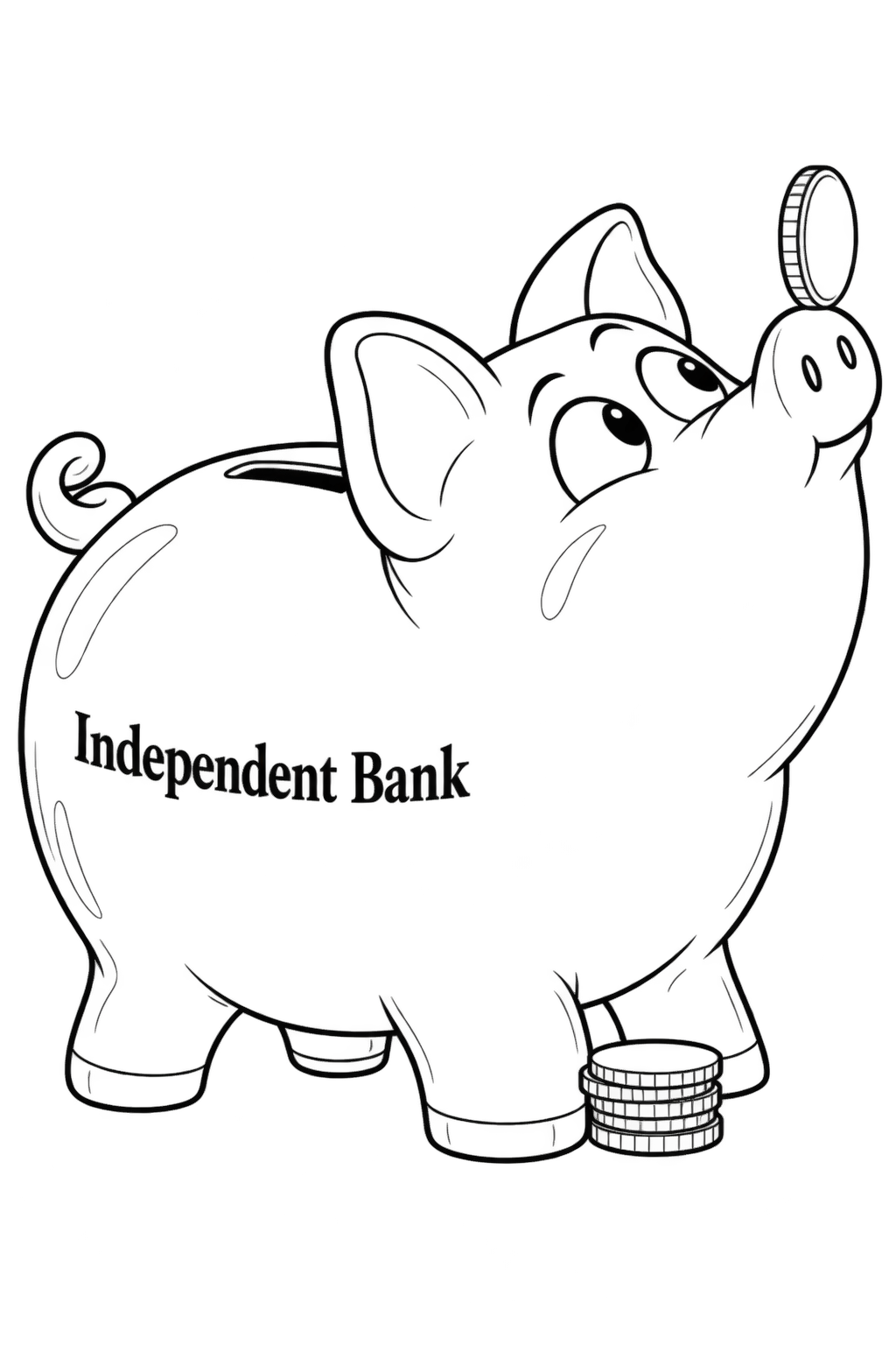 A small ceramic piggy bank balances one coin upright on the tip of its raised snout and looks cross-eyed toward the coin.