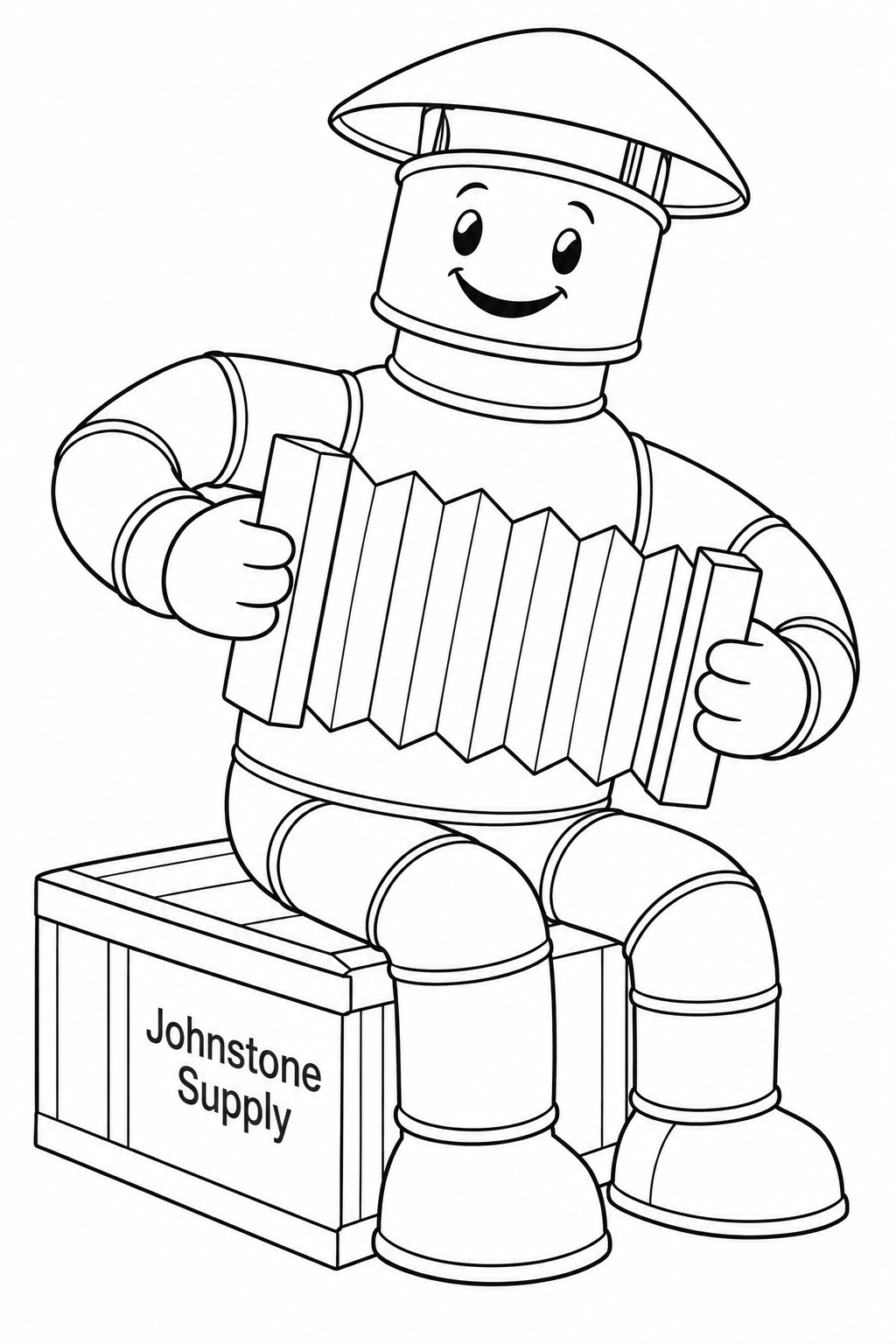 A character assembled from duct fittings plays a pleated air filter like an accordion.