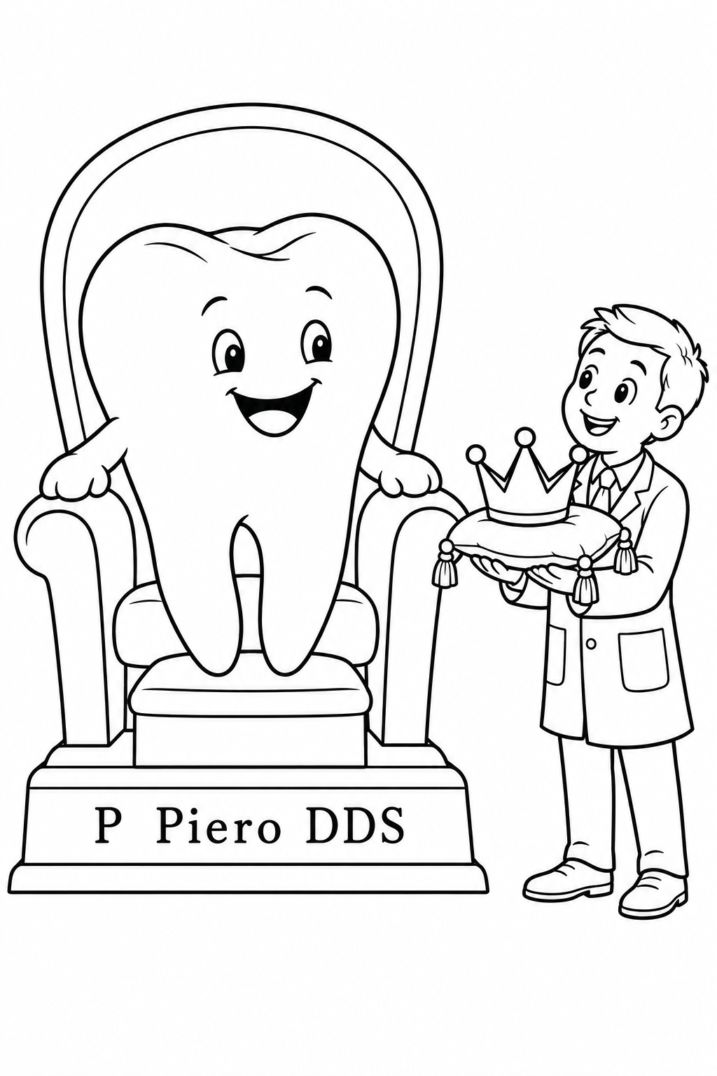 A delighted molar sits on a small throne while a tiny friendly dentist presents a three-pointed crown on a cushion.
