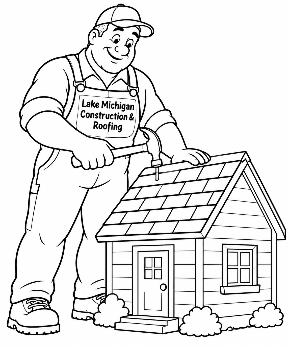 The cheerful giant roofer stands beside a little cottage and gently hammers down a loose roof nail on its ordinary shingled roof.