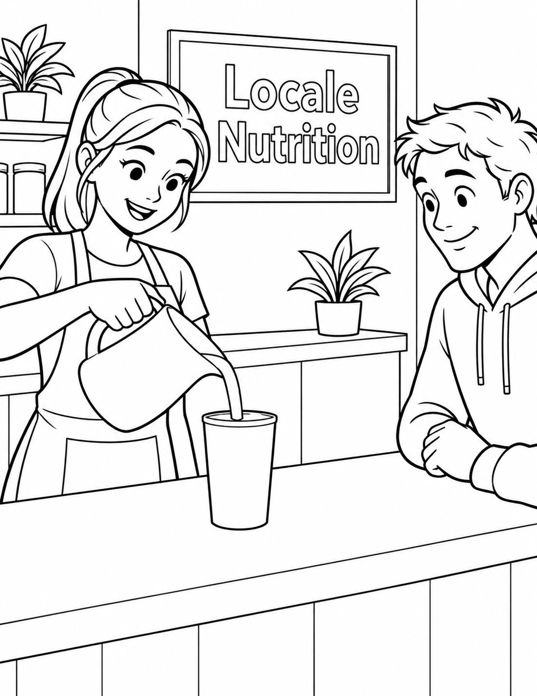At Locale Nutrition’s counter, an employee pours a plain finished shake from a small unbranded serving pitcher into an uncovered upright cup on the counter while one customer watches with a pleased smile.