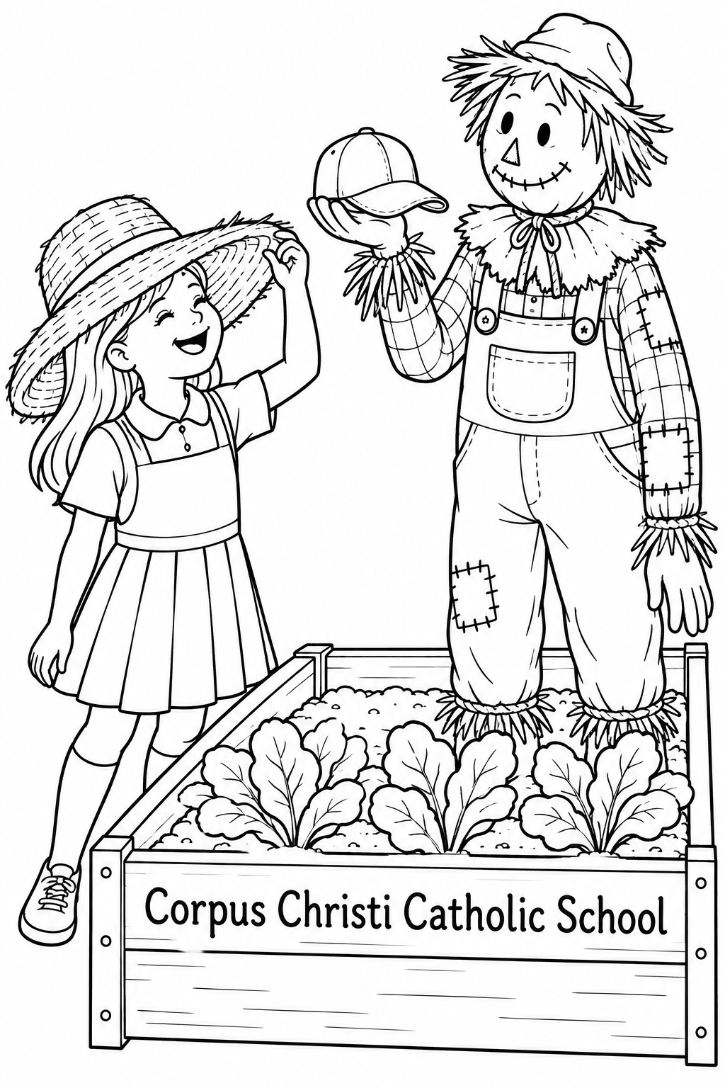 A smiling schoolgirl and a friendly garden scarecrow exchange hats beside a raised vegetable bed: the girl wears its enormous straw hat, and the scarecrow admires her little baseball cap.