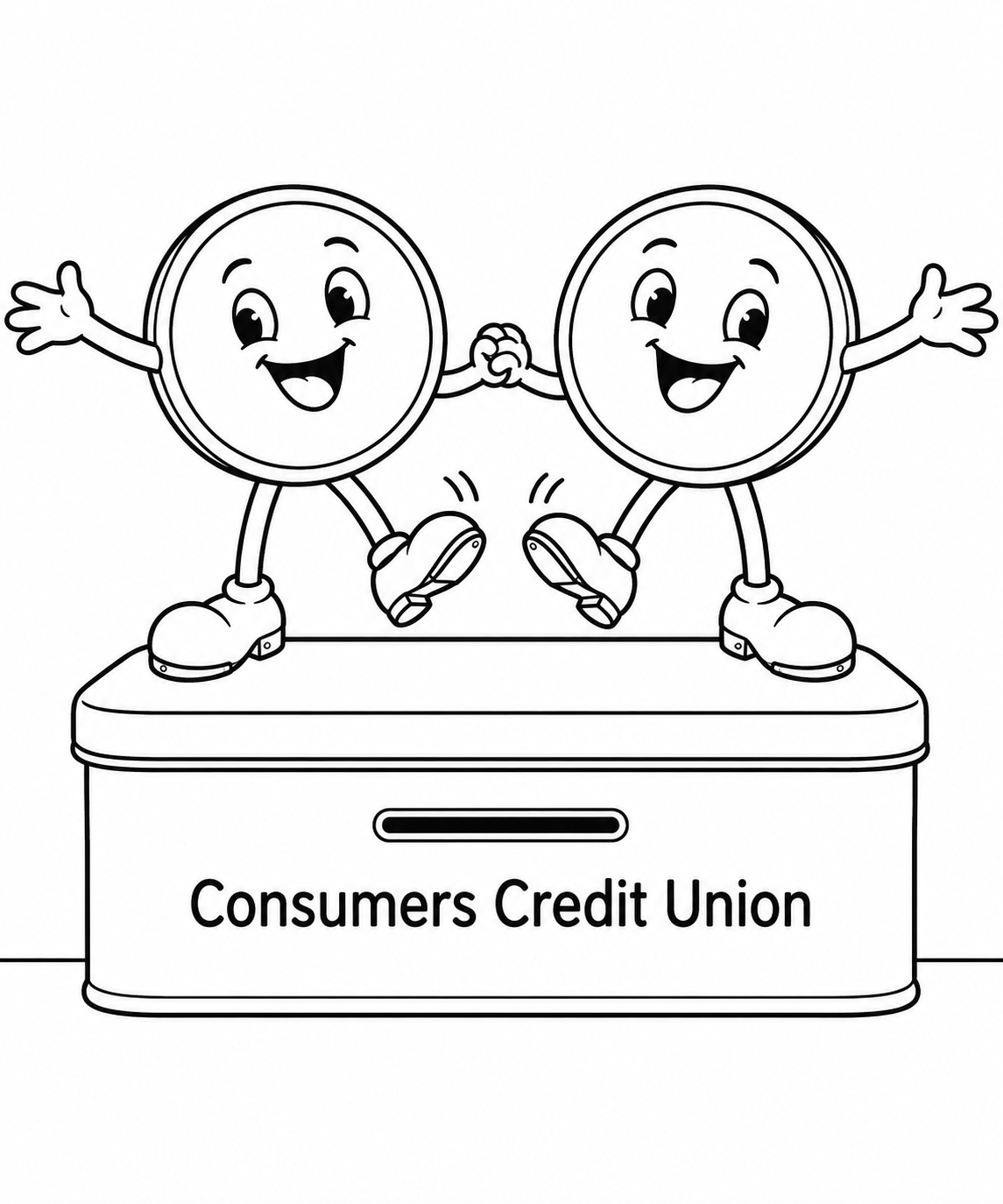 Two cheerful coin characters perform a mirrored tap-dance step together on the flat lid of a small rectangular savings tin.