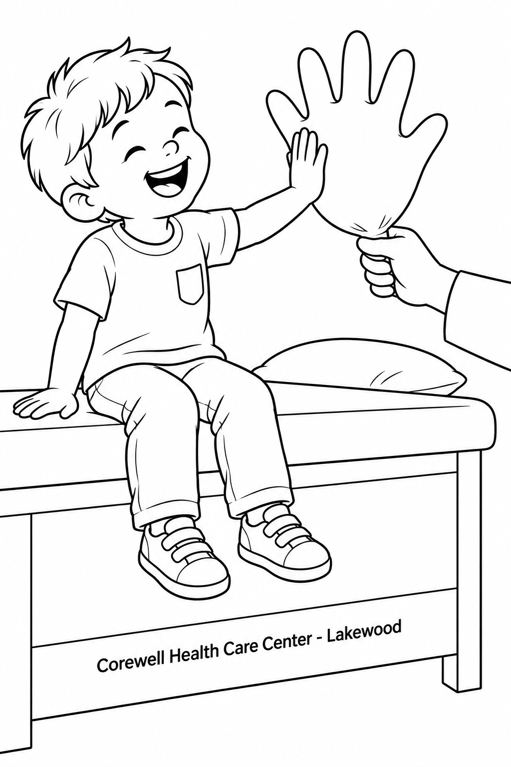 A seated child high-fives a puffy inflated exam glove held by a clinician.