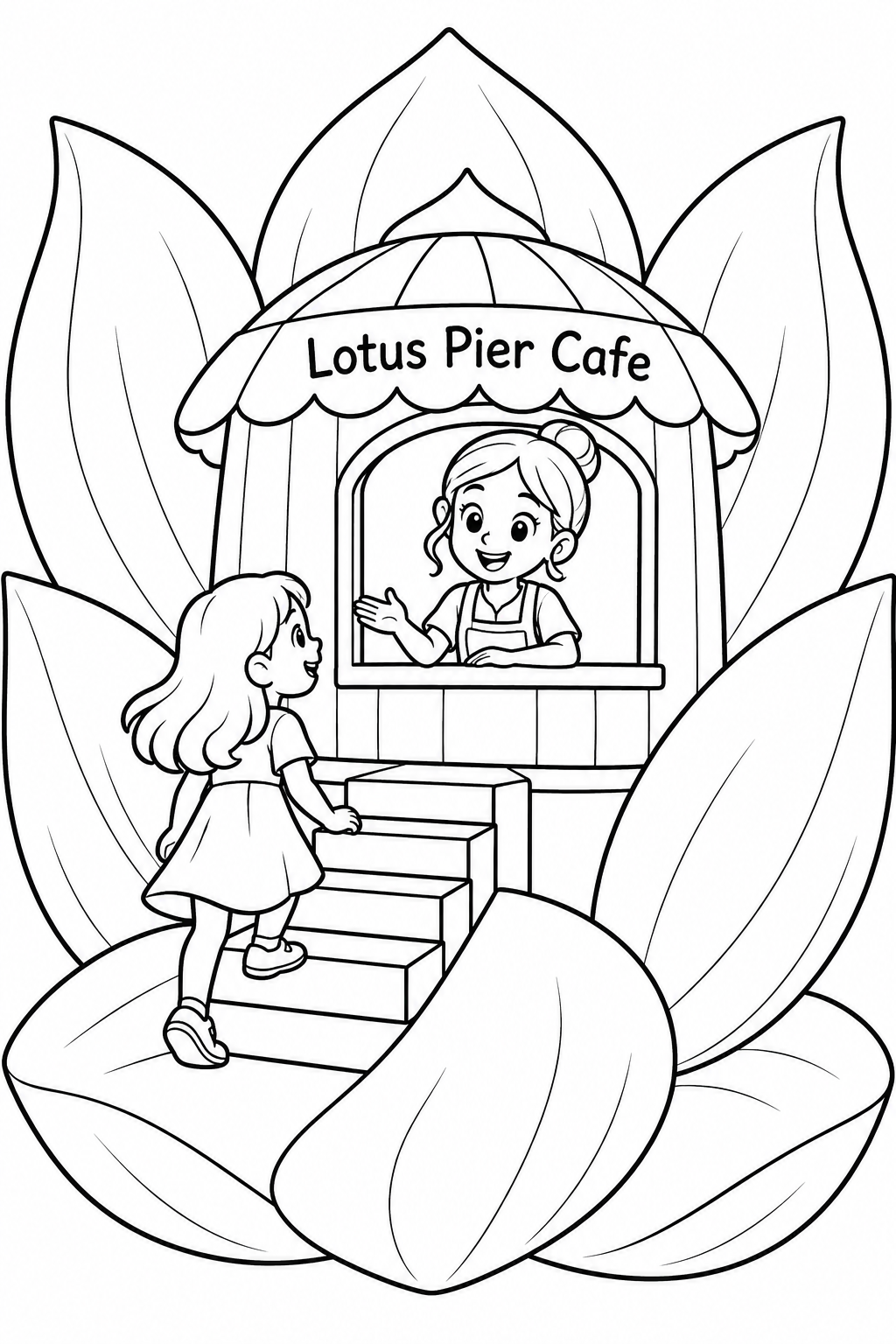 A tiny cheerful cafe fills the cup of an enormous open lotus blossom, with a smiling server leaning from its service window and one guest approaching along a broad petal.