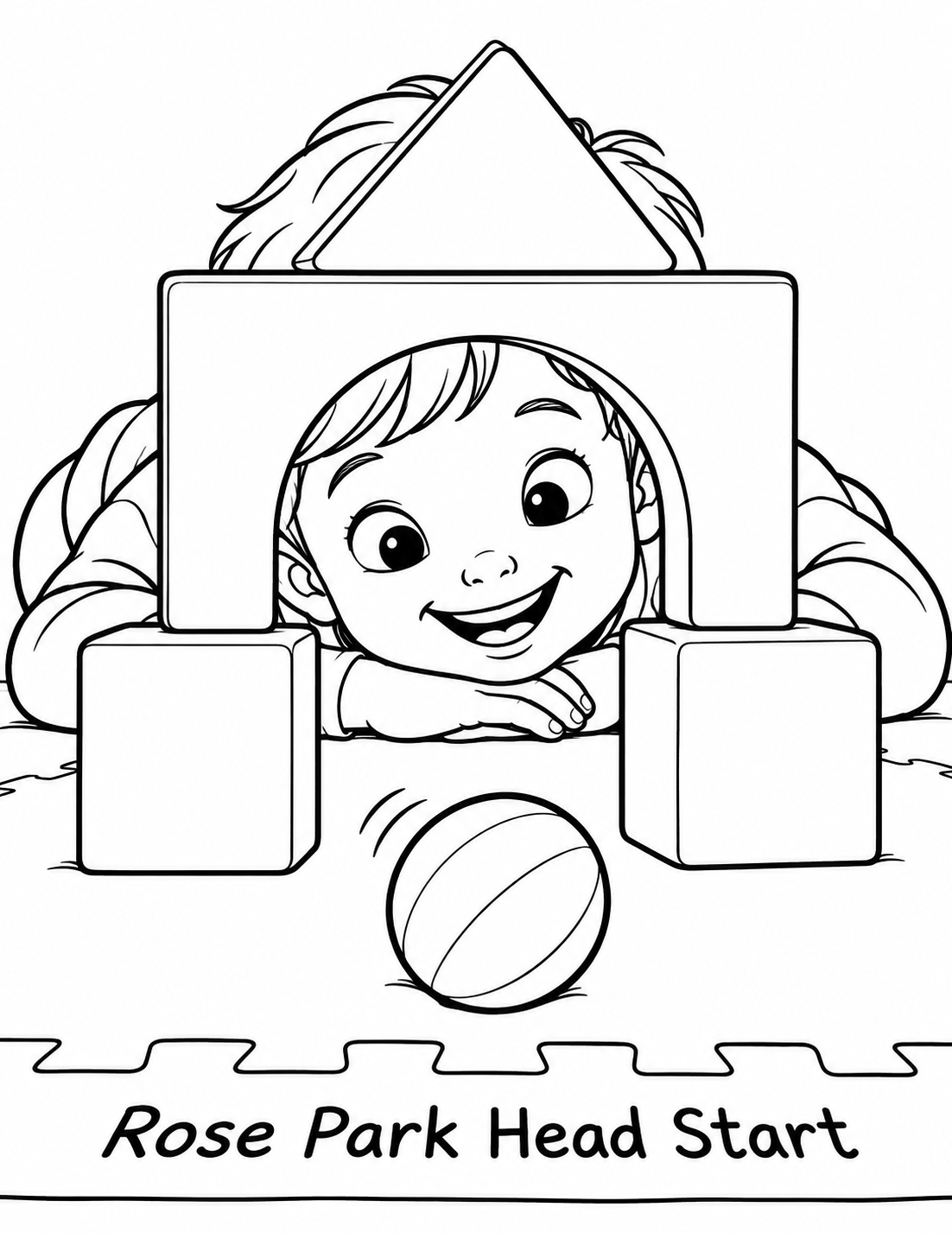 A preschooler lies comfortably on their stomach with chin resting on folded hands, looking through a small block arch with a delighted grin as a little wooden ball rolls out toward the viewer.