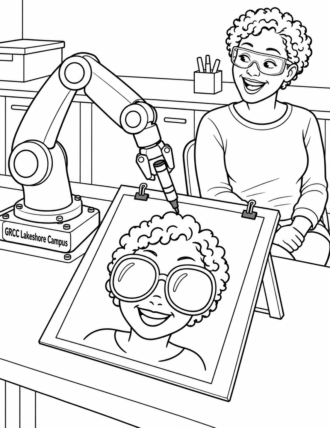A robot’s earnest student portrait exaggerates the safety goggles into two enormous circles.