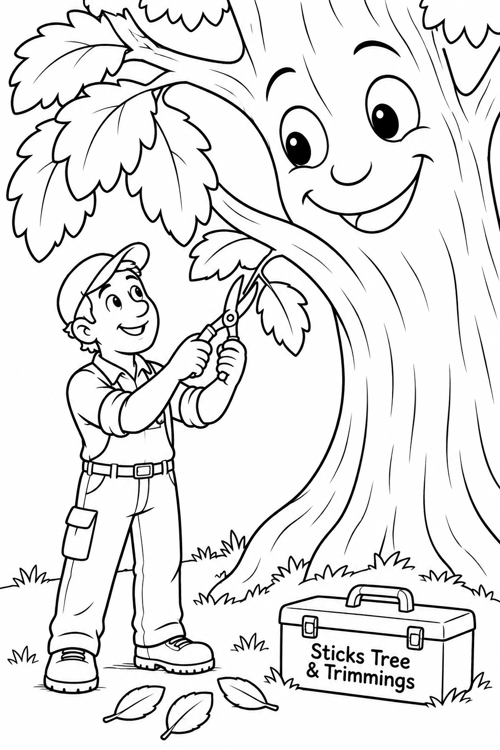 A friendly living tree bends one leafy branch down like an overgrown fringe while a smiling arborist gives it a tiny trim.