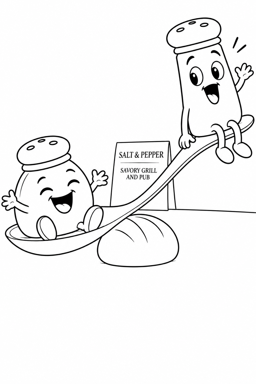 A squat salt shaker laughs in the low spoon bowl while a tall pepper shaker rides the high handle, two opposites sharing a tiny seesaw.