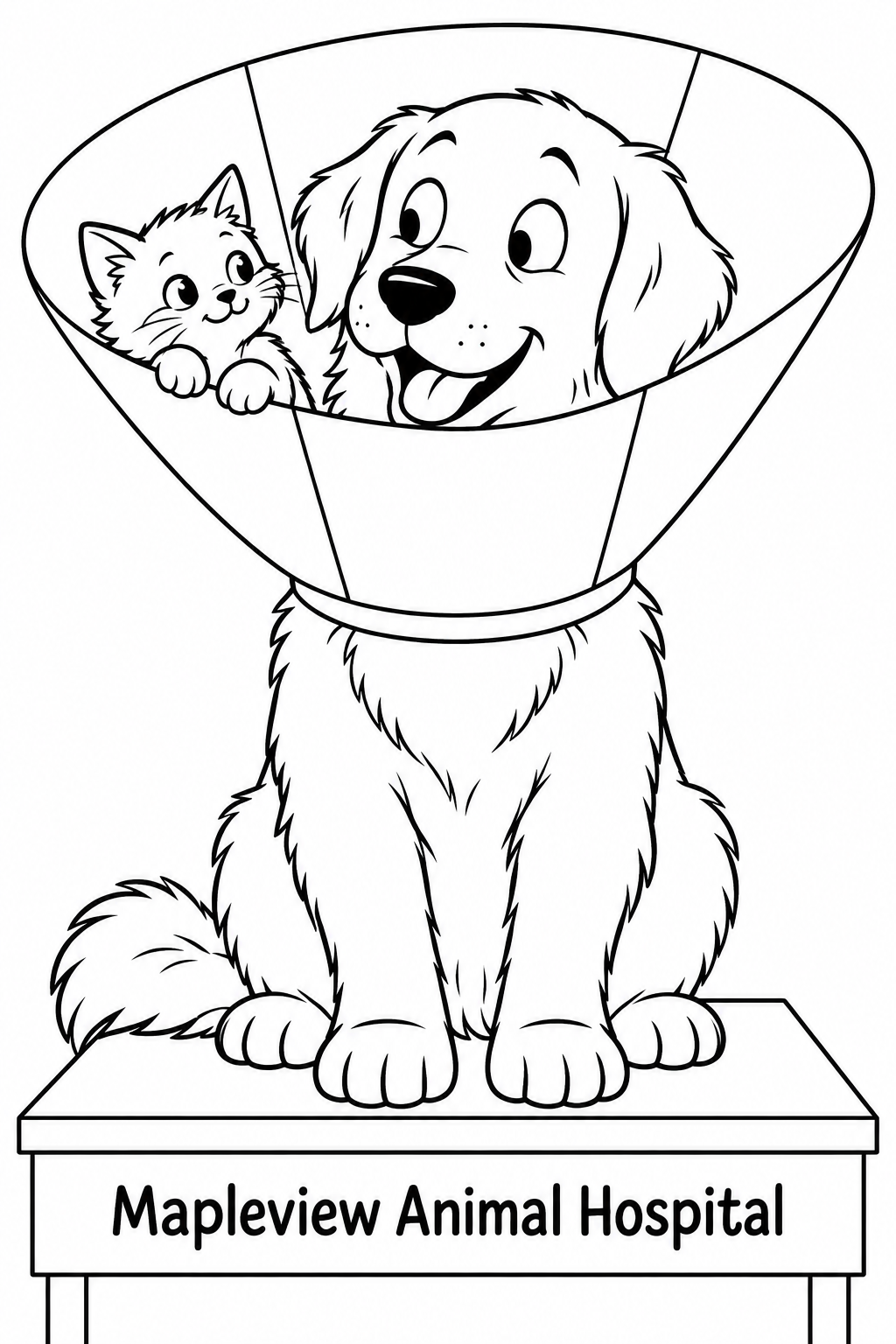 A small kitten has climbed into the wide recovery cone of a friendly dog and peeks over its rim while the surprised dog glances back toward it.