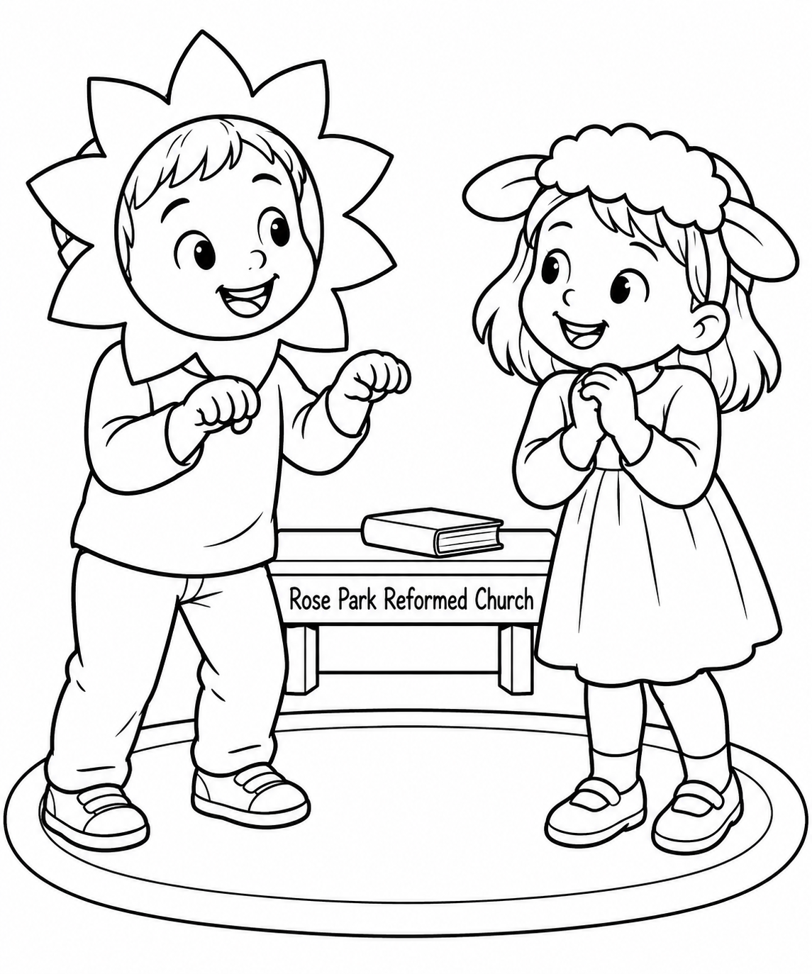 Two delighted preschool children act out a gentle lion-and-lamb story using their simple handmade paper masks, with the little lion making a playful paw gesture toward the smiling lamb.