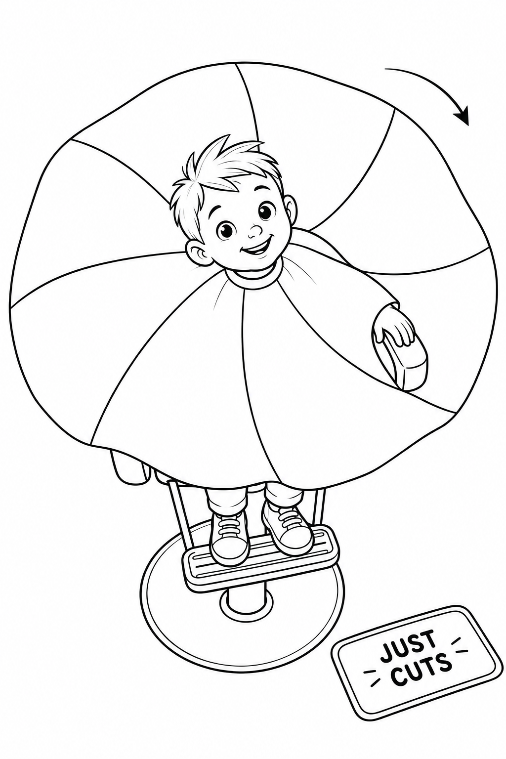 A fresh haircut sits at the center of a sweeping pinwheel-shaped cape, seen from an unexpectedly high angle.