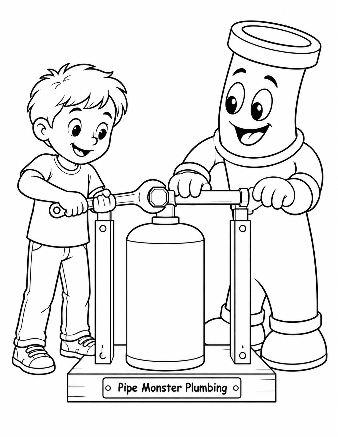 No object transformation; one child turns a wrench on a straight pipe joint while Pipe Monster steadies it.
