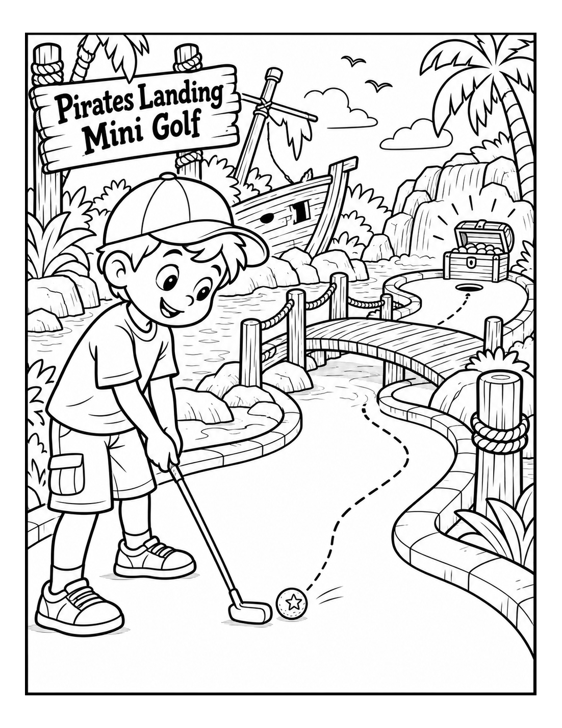 treasure-star ball transforms the winding mini-golf course into a pirate-cove quest