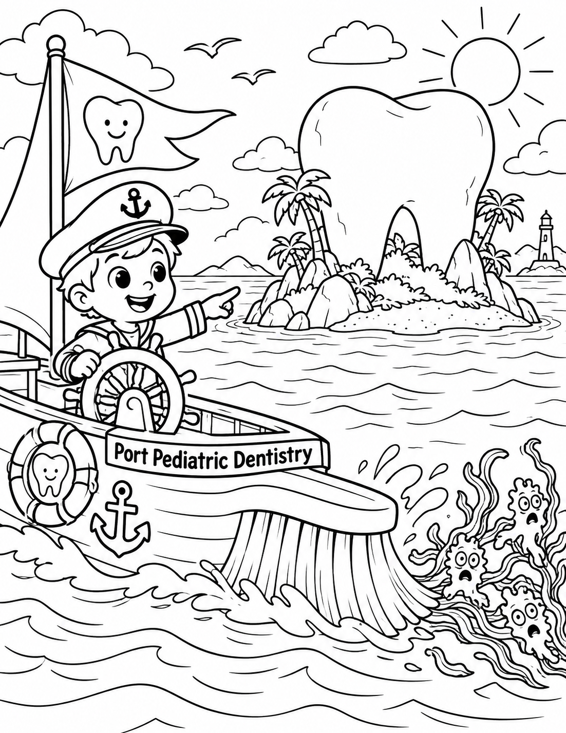 A young captain steers a toothbrush ship around a giant tooth-shaped island.