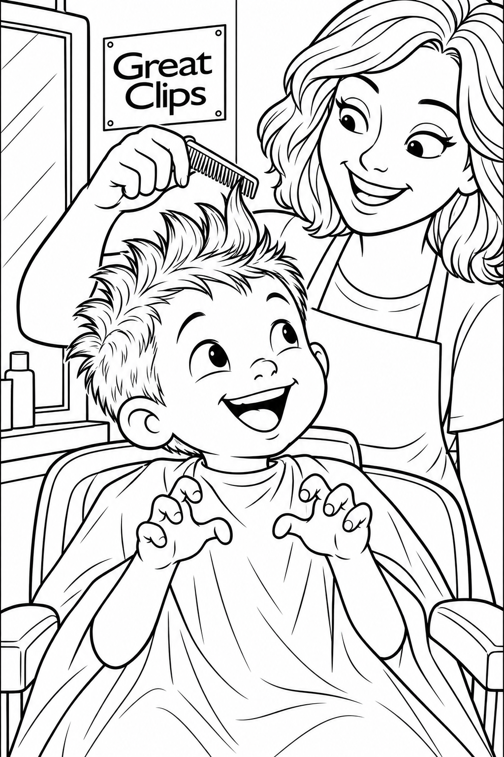 A child in the salon chair beams at a playful, believable spiky dinosaur-crest haircut while a friendly stylist shapes one last tuft with a comb; the child makes tiny dinosaur-claw hands. Huge hair silhouette and expressions fill the portrait page.