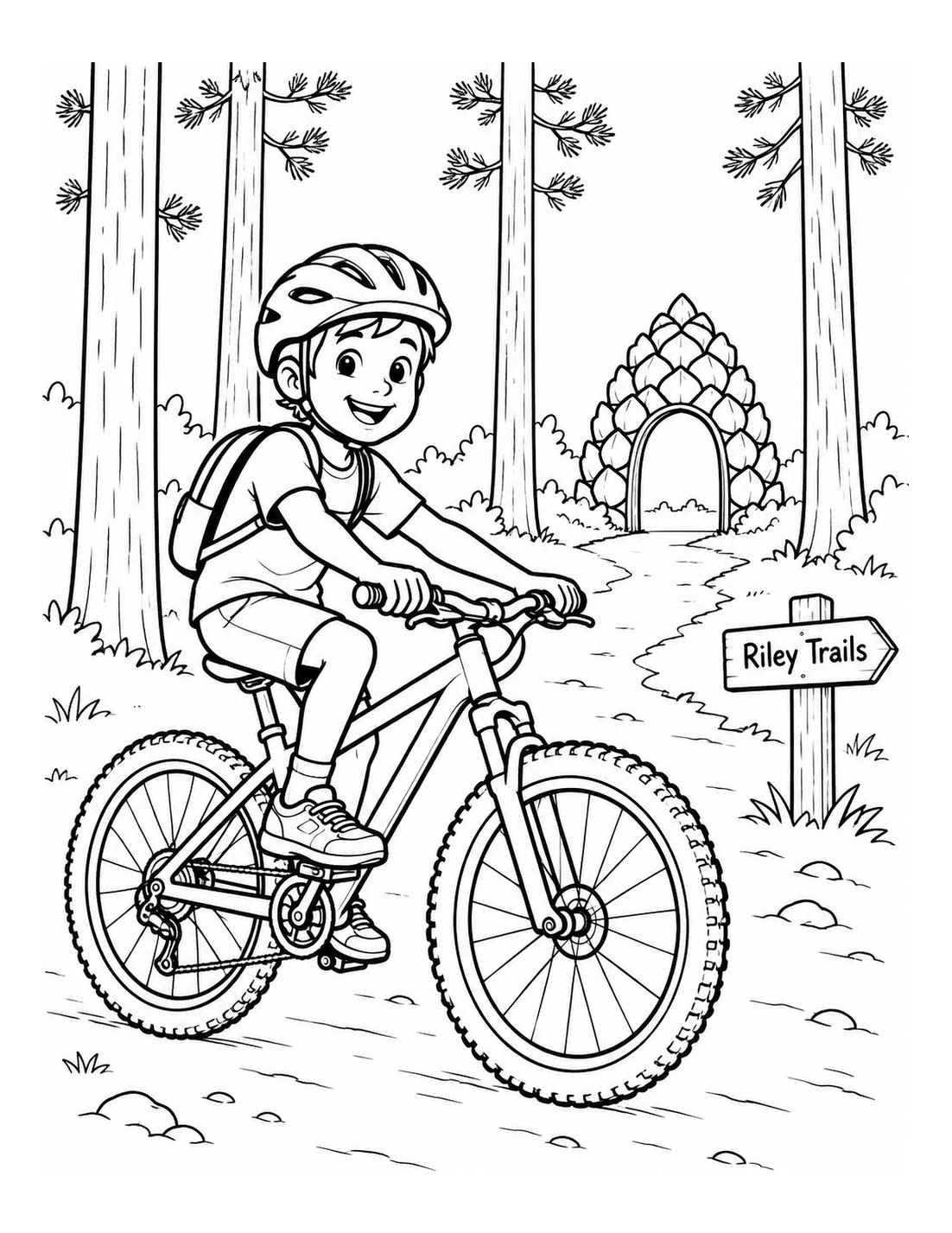 The child pedals along a pine-wood trail and finds one giant pinecone scale archway opening across the path.