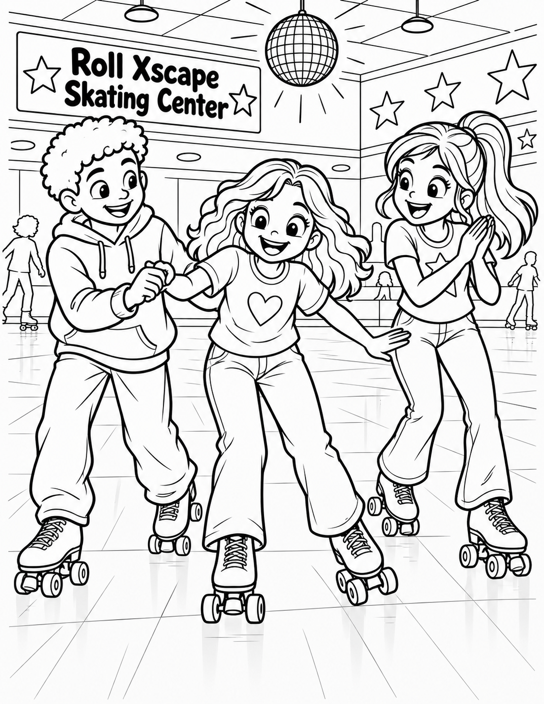 Three friends skate together across the real indoor rink while a novice gets a steady helping hand.