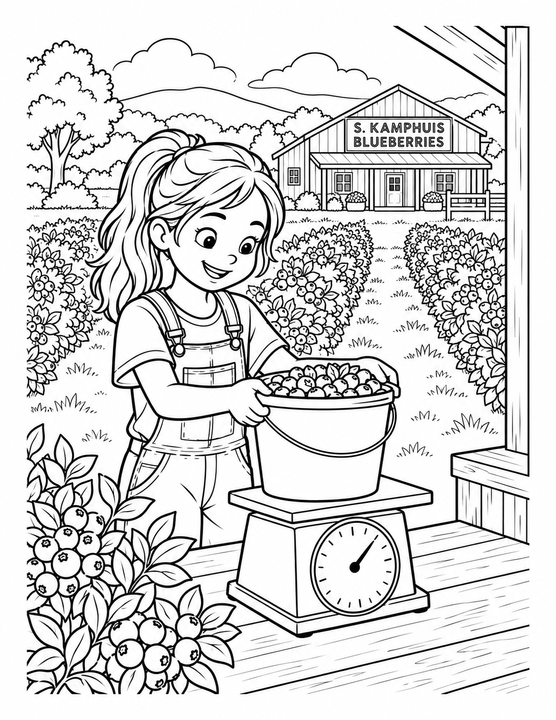A child sets a full pail of blueberries on a farm scale beside the berry rows and farm building.
