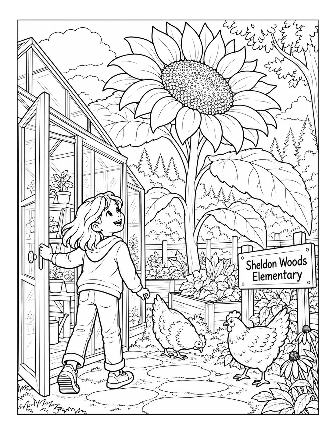 The child opens the greenhouse and one giant sunflower unfolds its petals into a leafy canopy over the garden.