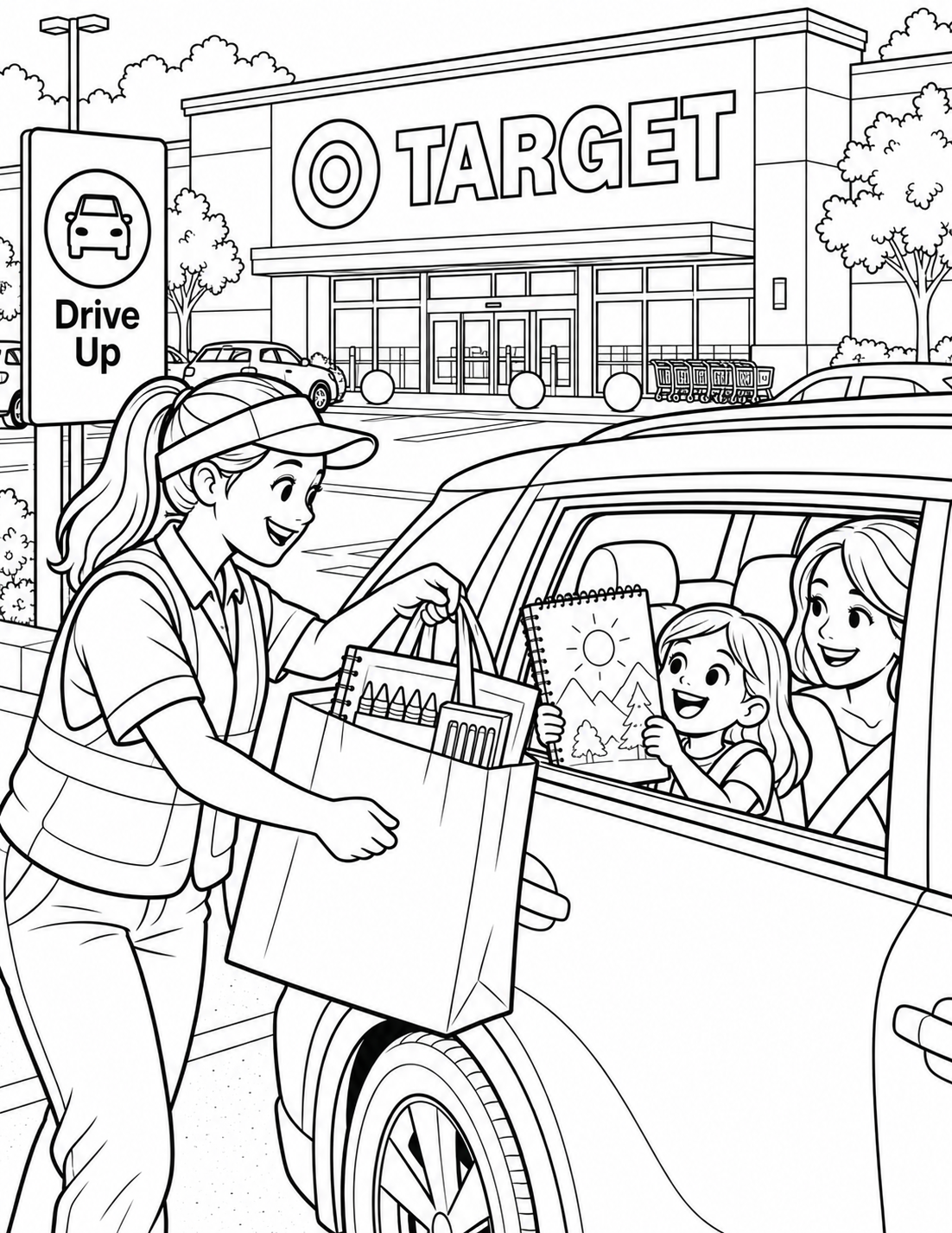 At Target Drive Up, an employee delivers an art-kit order to a family car and a child lifts a sketchbook excitedly.