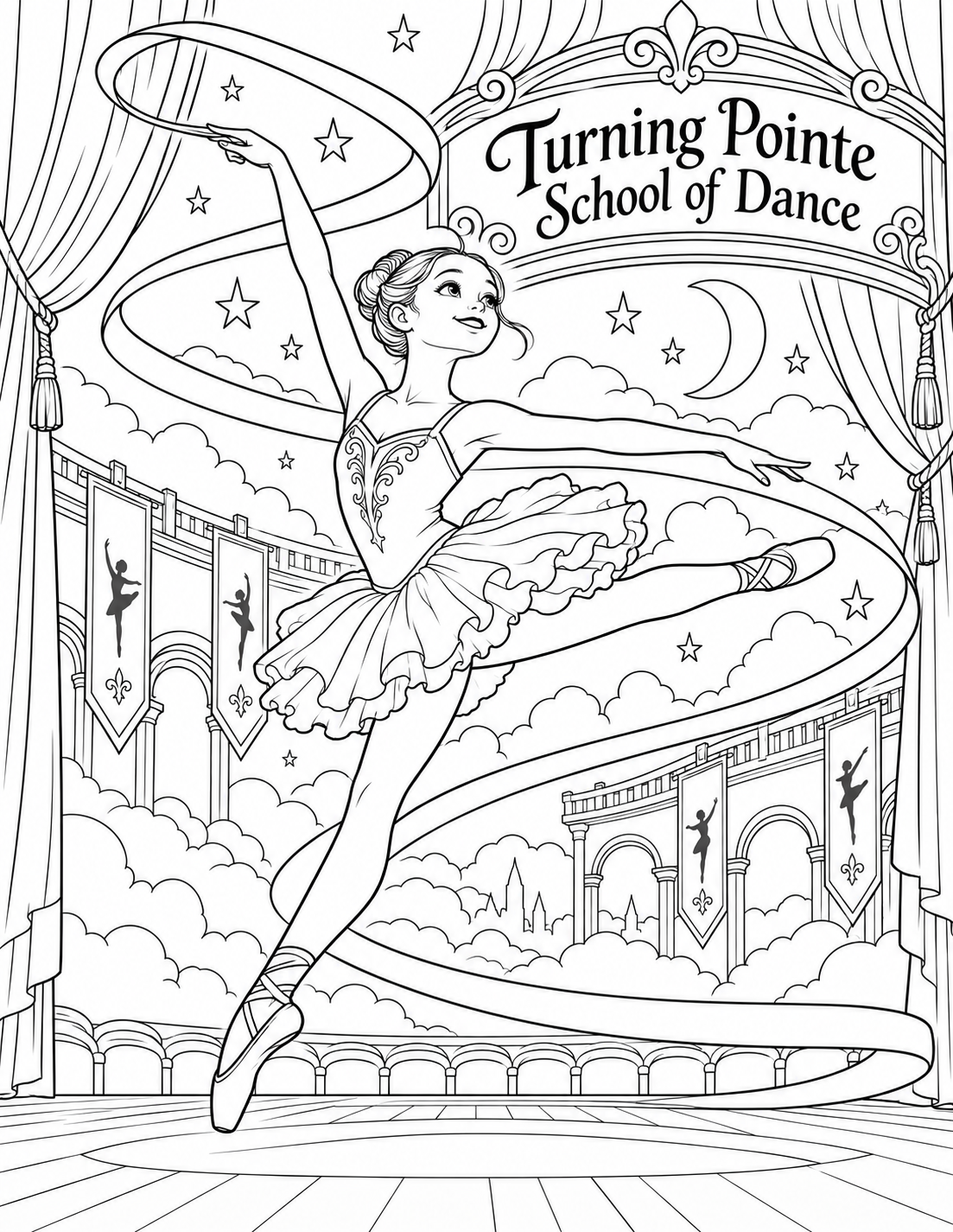 A young dancer's turning leap releases a sweeping ribbon path through an imagined theater sky.