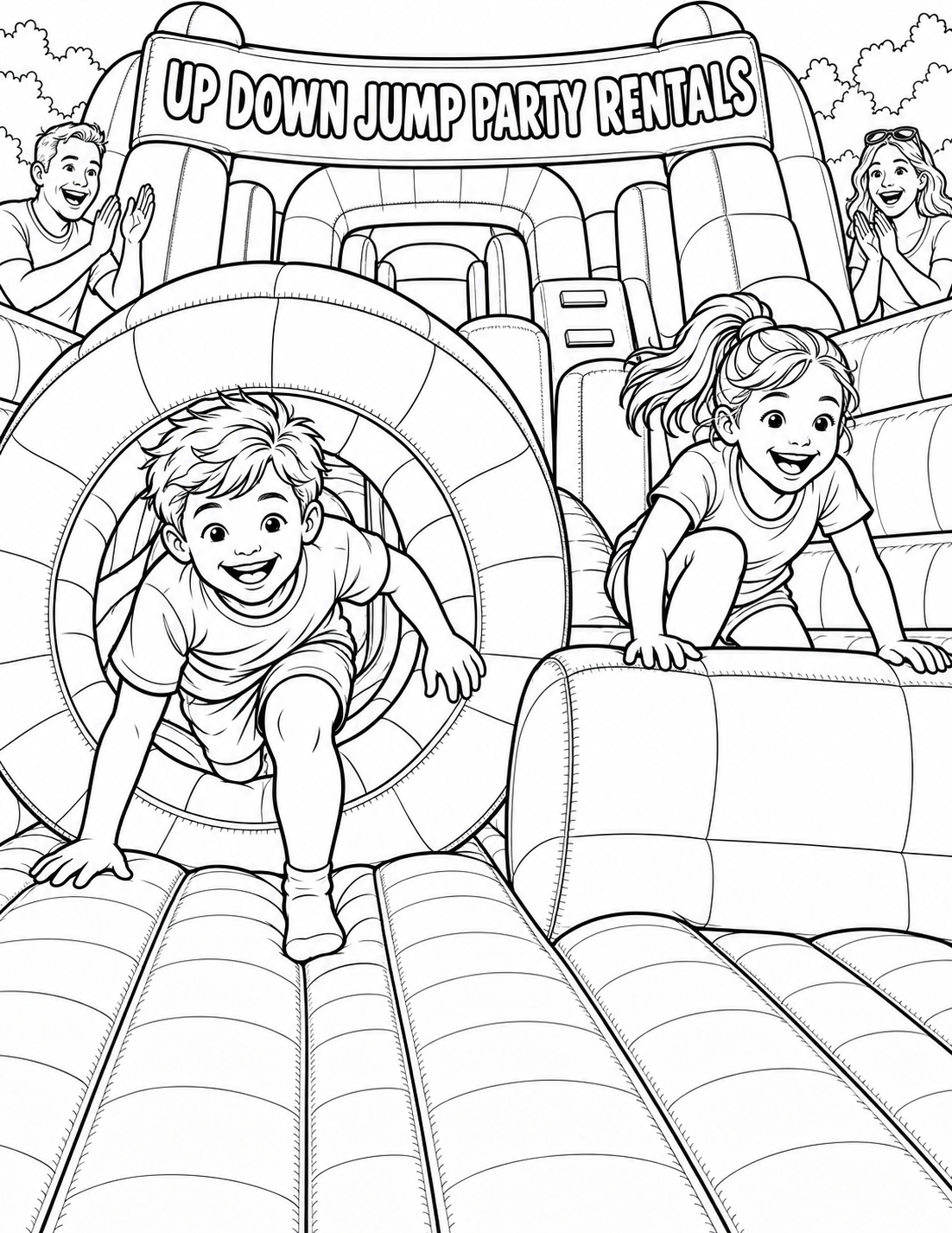 Two children race through a giant inflatable obstacle course while parents cheer from outside.