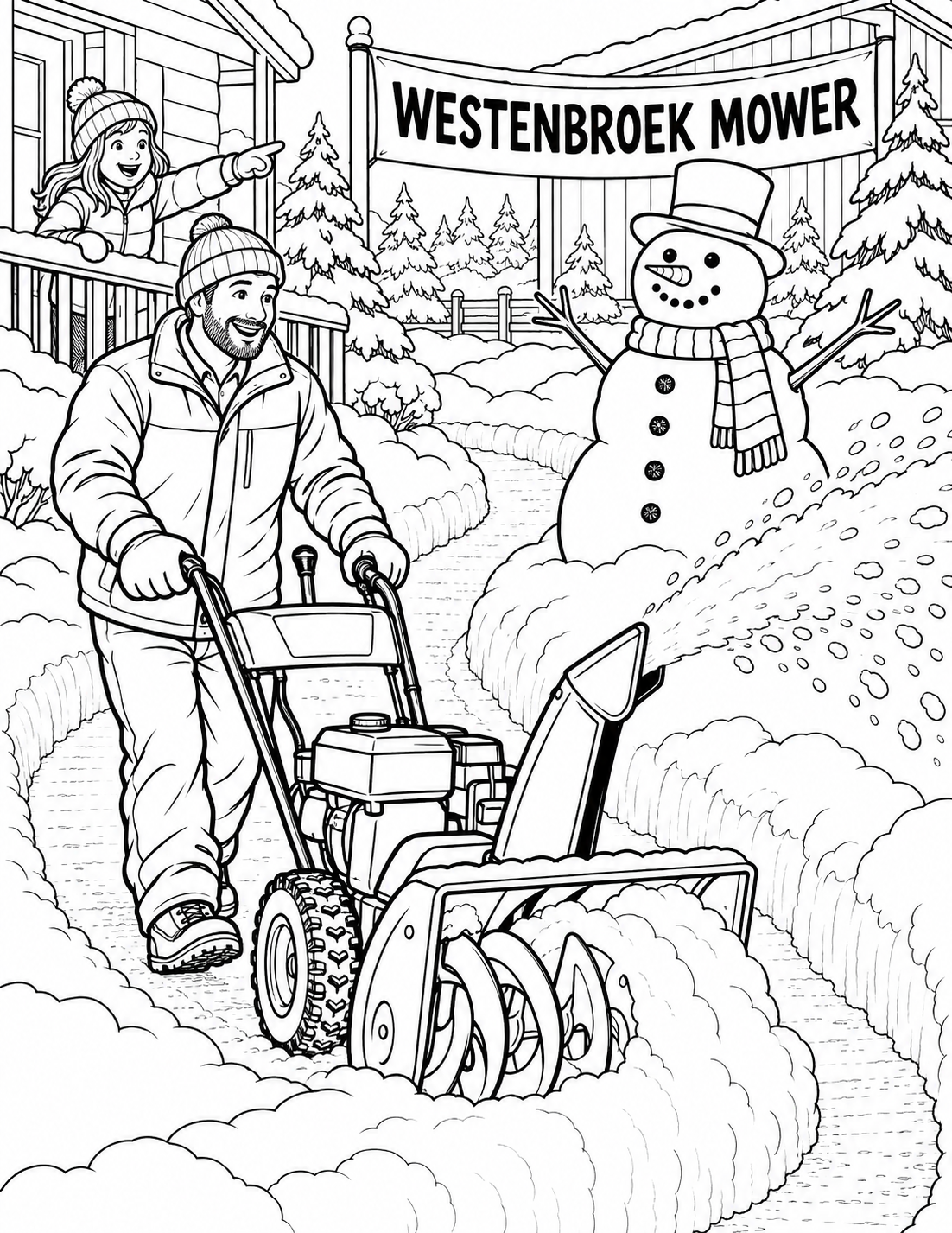 An adult demos a snowblower carving a curved safe path to a snowman while a child watches from a porch.