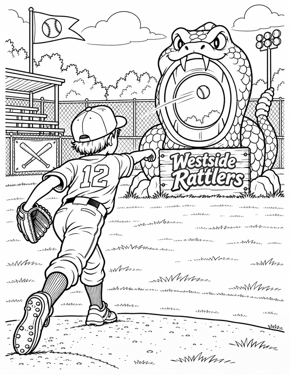 A young pitcher sends a baseball through a giant playful rattlesnake-shaped target at a field.