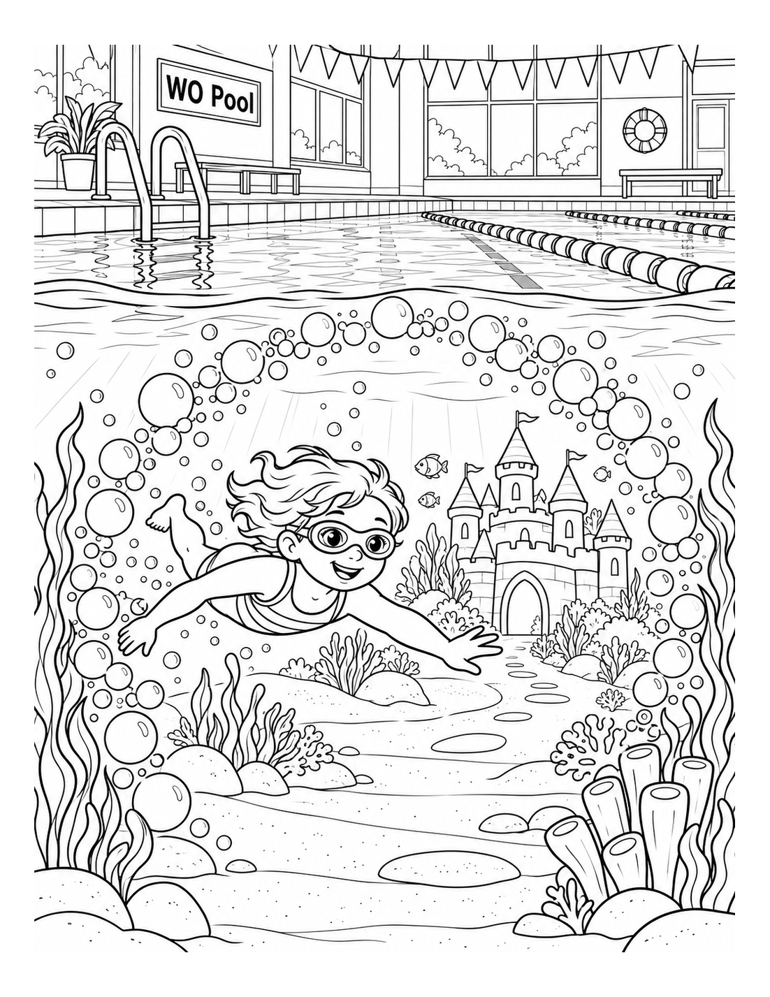the child’s bubbles grow into an underwater arch that opens on a friendly coral-and-seaweed castle garden