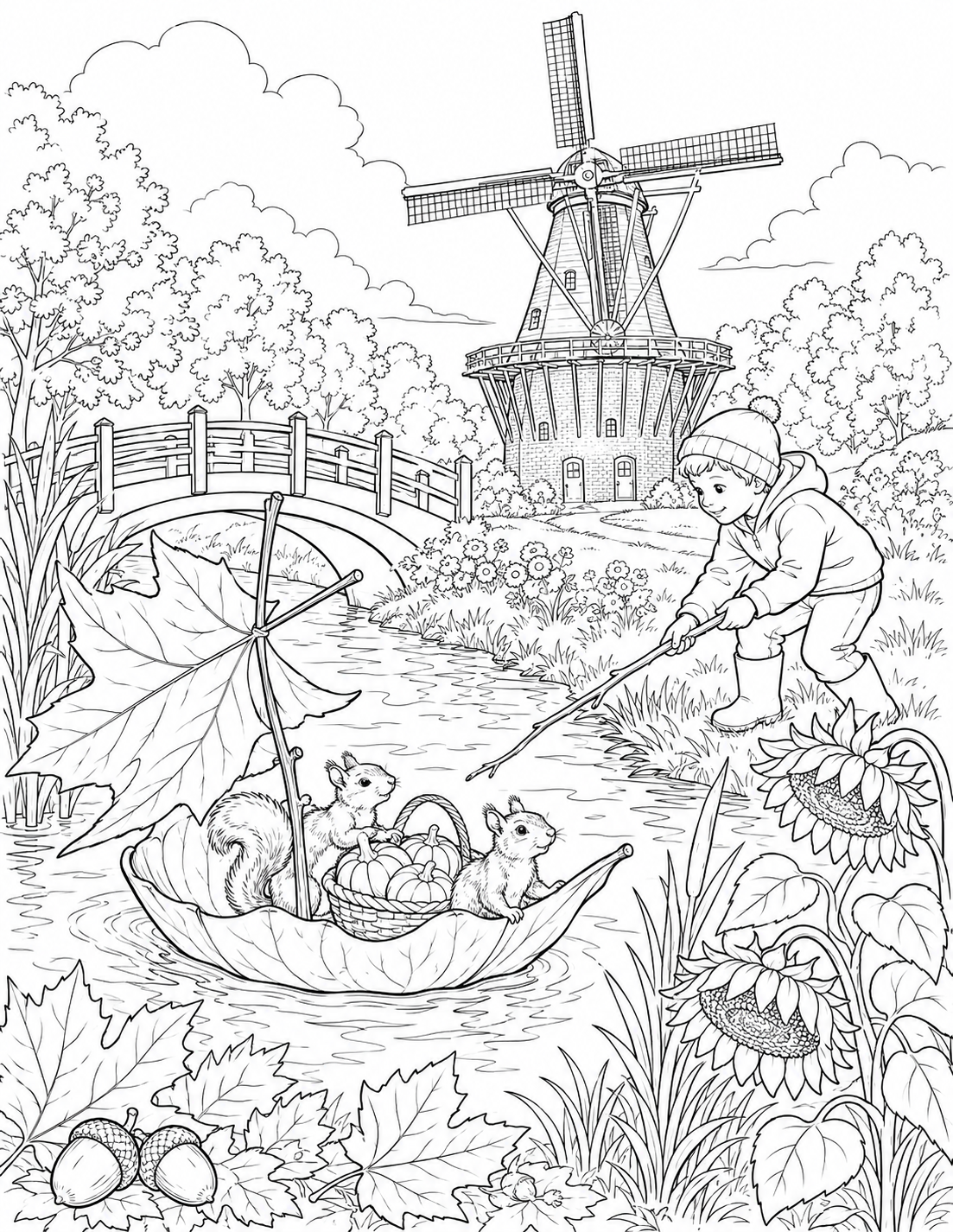 Two squirrels sail a pumpkin-filled maple leaf beneath a garden bridge, with Holland’s De Zwaan windmill behind them. An imagined autumn adventure inspired by Windmill Island Gardens.