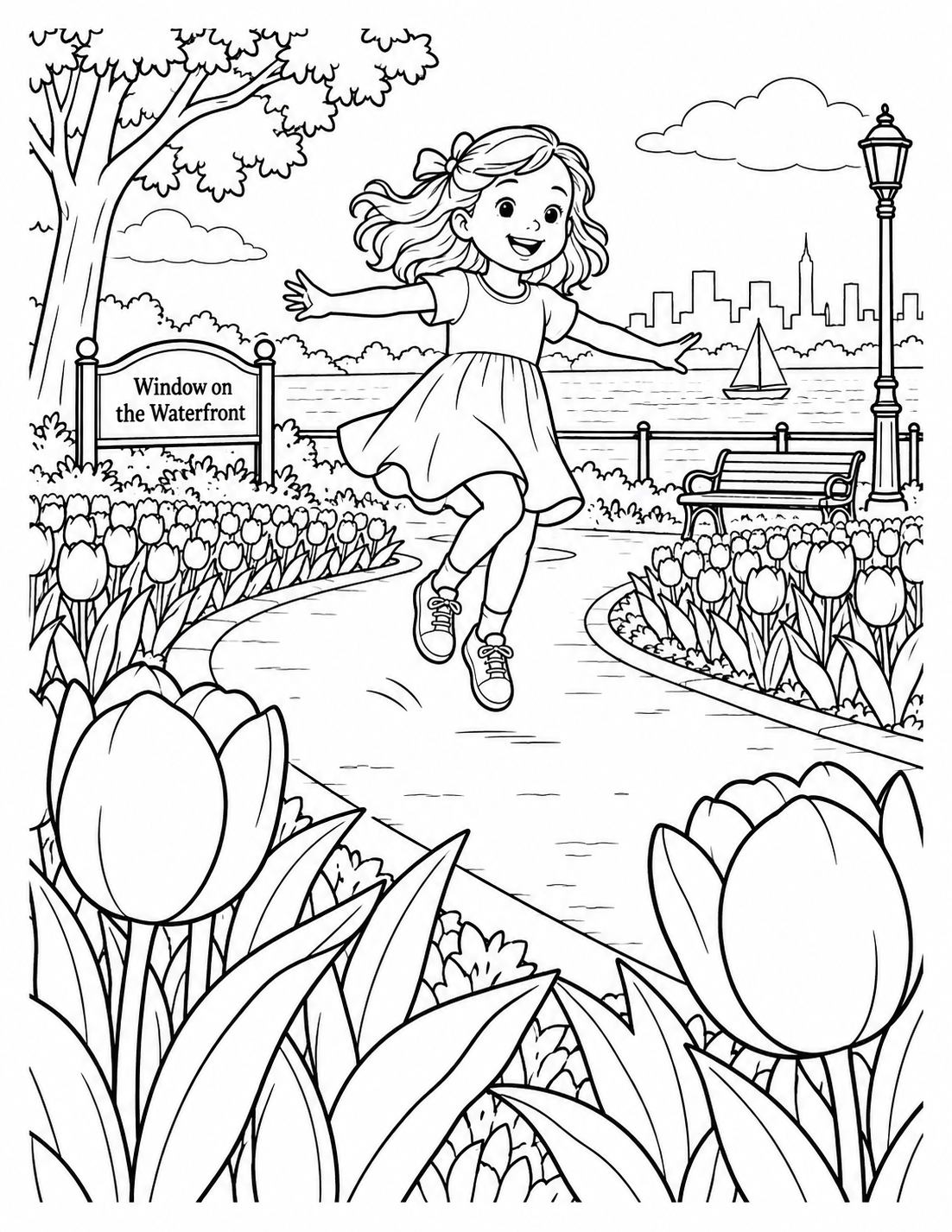 From flower height, a child skips along the park’s winding path between tall tulip beds, the nearest blossoms forming a broad foreground frame around the child.
