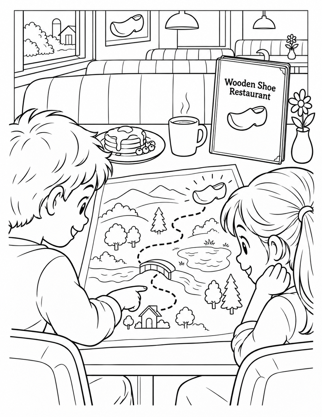 At breakfast, a child traces a simple route on a paper map turned upright toward the children, ending at a small hand-drawn wooden-shoe symbol.