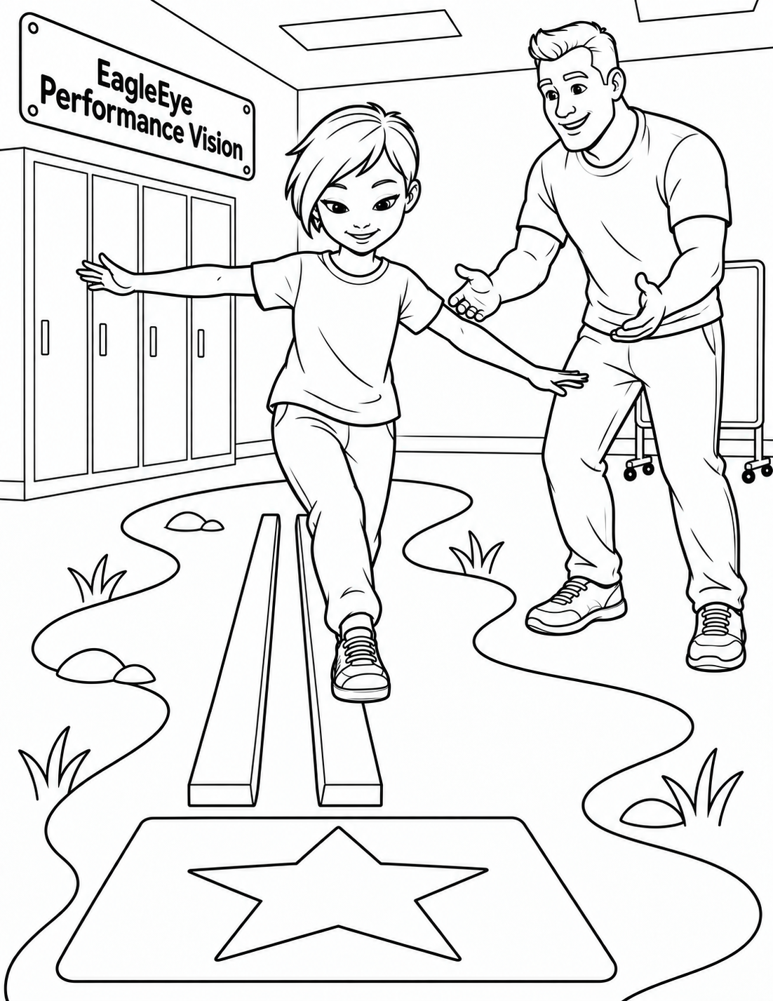 A cropped-haired child balances with arms wide and one sneaker visibly resting on a low wooden board while a coach encourages her. A star finish mat and broad pretend river outline turn the room activity into a crossing quest.