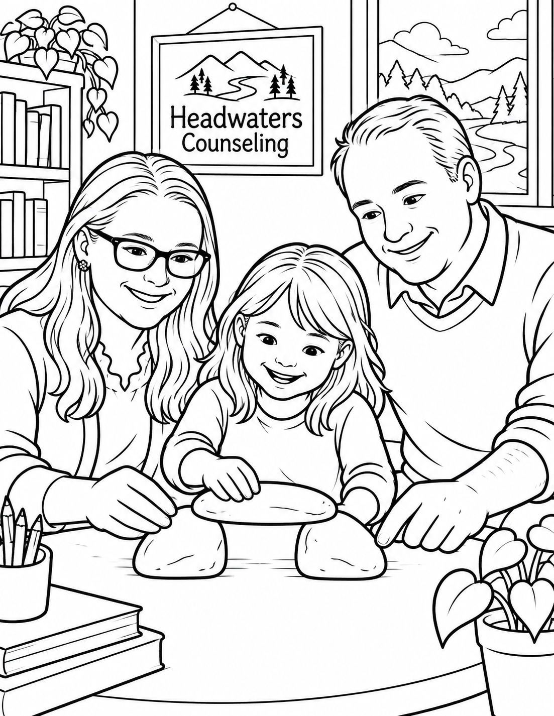 A counselor and child arrange three large smooth stones into a tiny tabletop bridge, turning a difficult feeling into one visible, manageable next step.