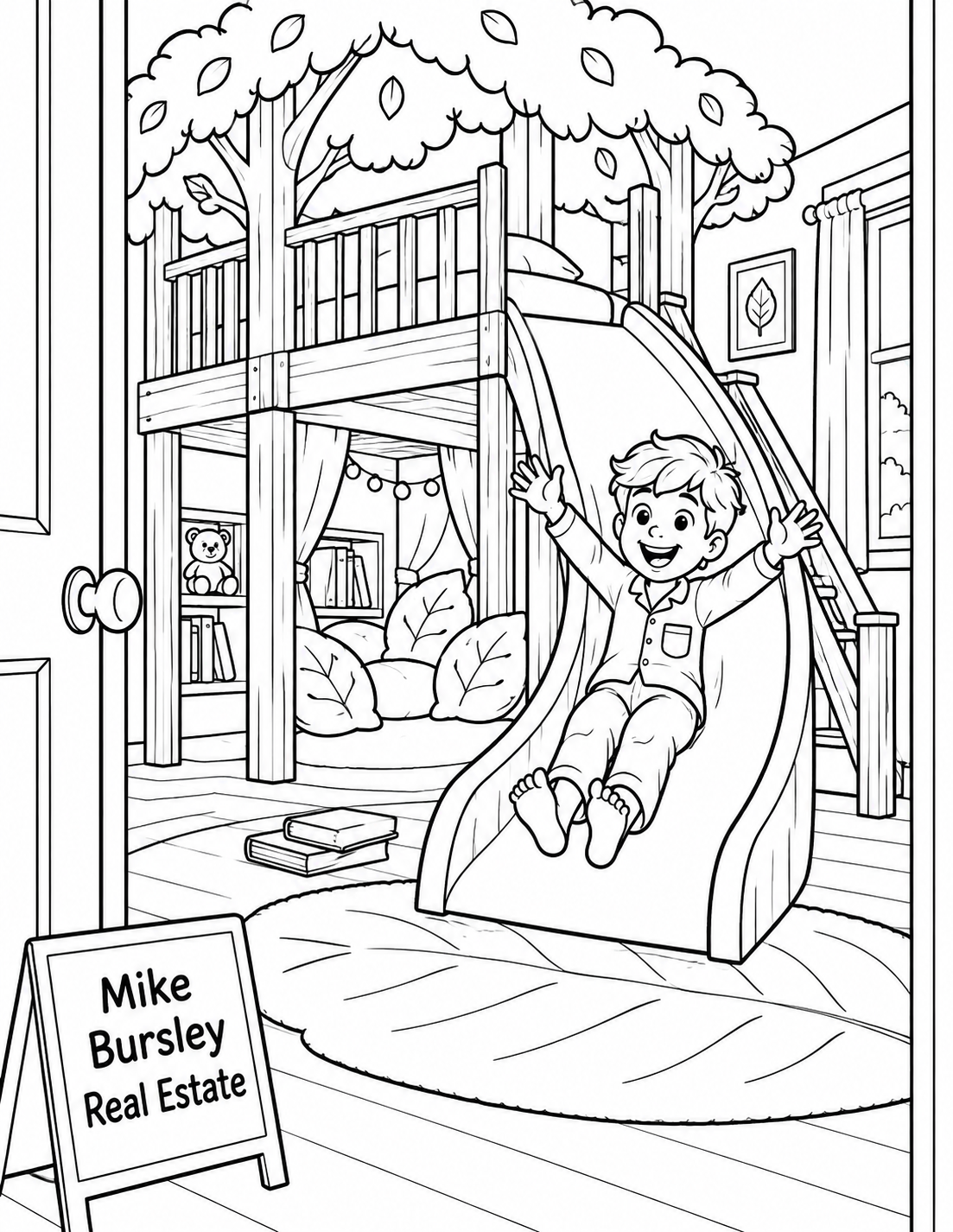 A barefoot child slides down a broad indoor treehouse slide with arms raised. A reading nook with pillows and books sits beneath the raised loft.