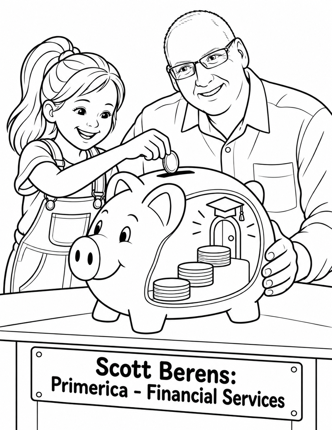 A ponytailed girl drops a coin into a smiling piggy bank while a glasses-wearing adult steadies it. An open side view shows three coin stacks stepping toward a door beneath a graduation cap.