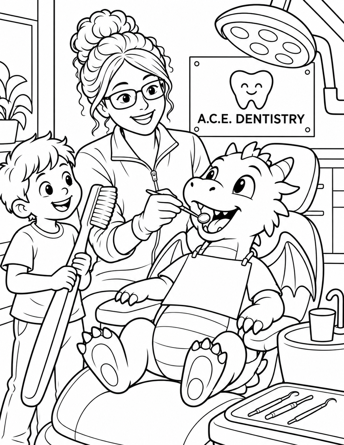 A friendly small dragon sits in a normal dental chair while a clinician uses one mirror and a child helper holds a giant toothbrush; equipment and hands connect clearly.