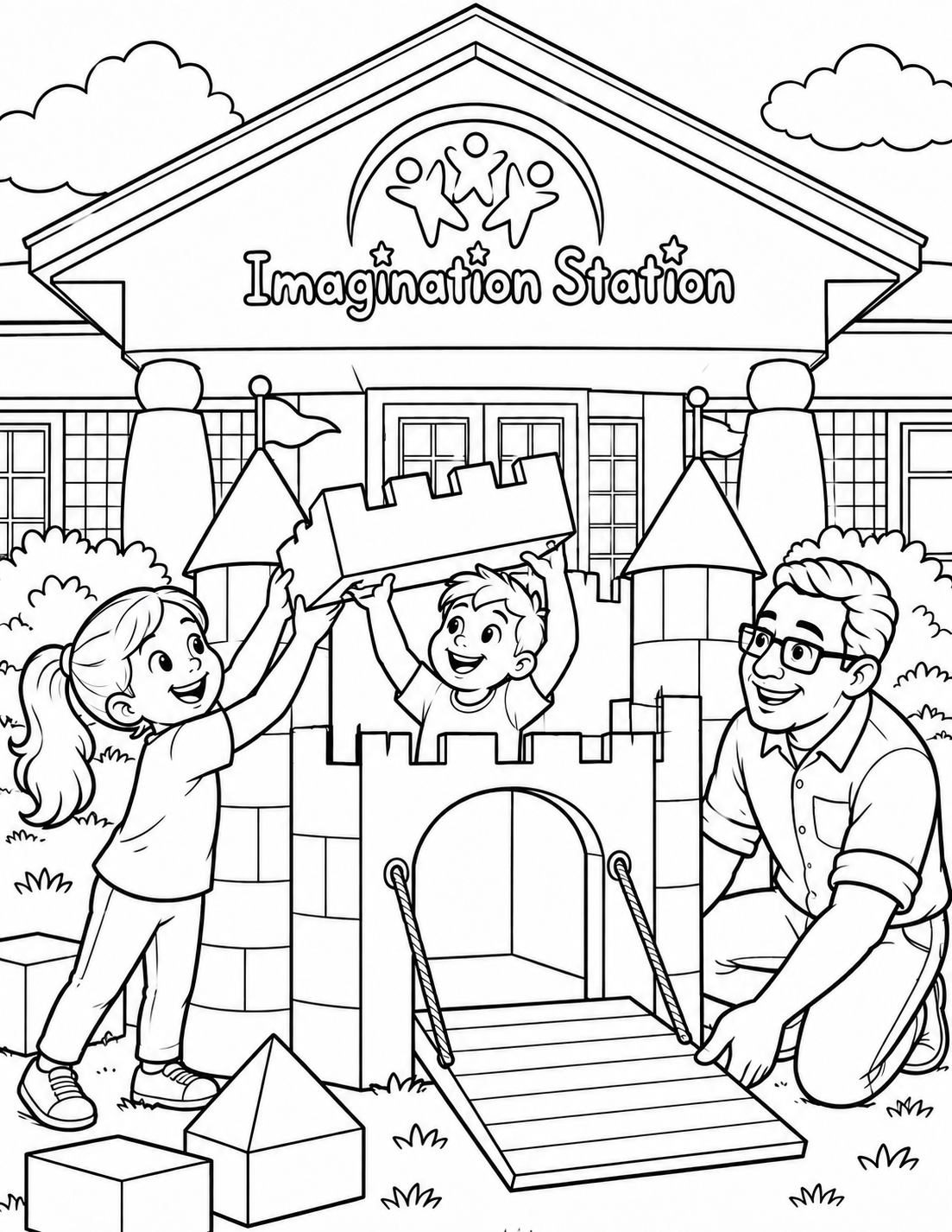 Two children lift a castle-shaped block above a toy castle while a kneeling adult holds its lowered drawbridge. Imagination Station appears on the building behind them.
