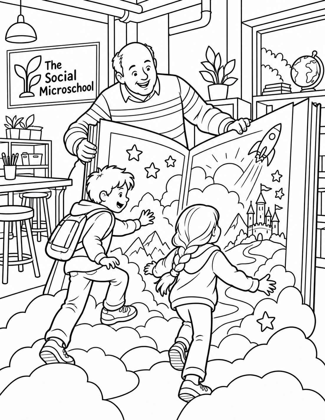 Two children step into a giant open storybook held by an adult; clouds, mountains, a castle and a rocket fill its illustrated world.