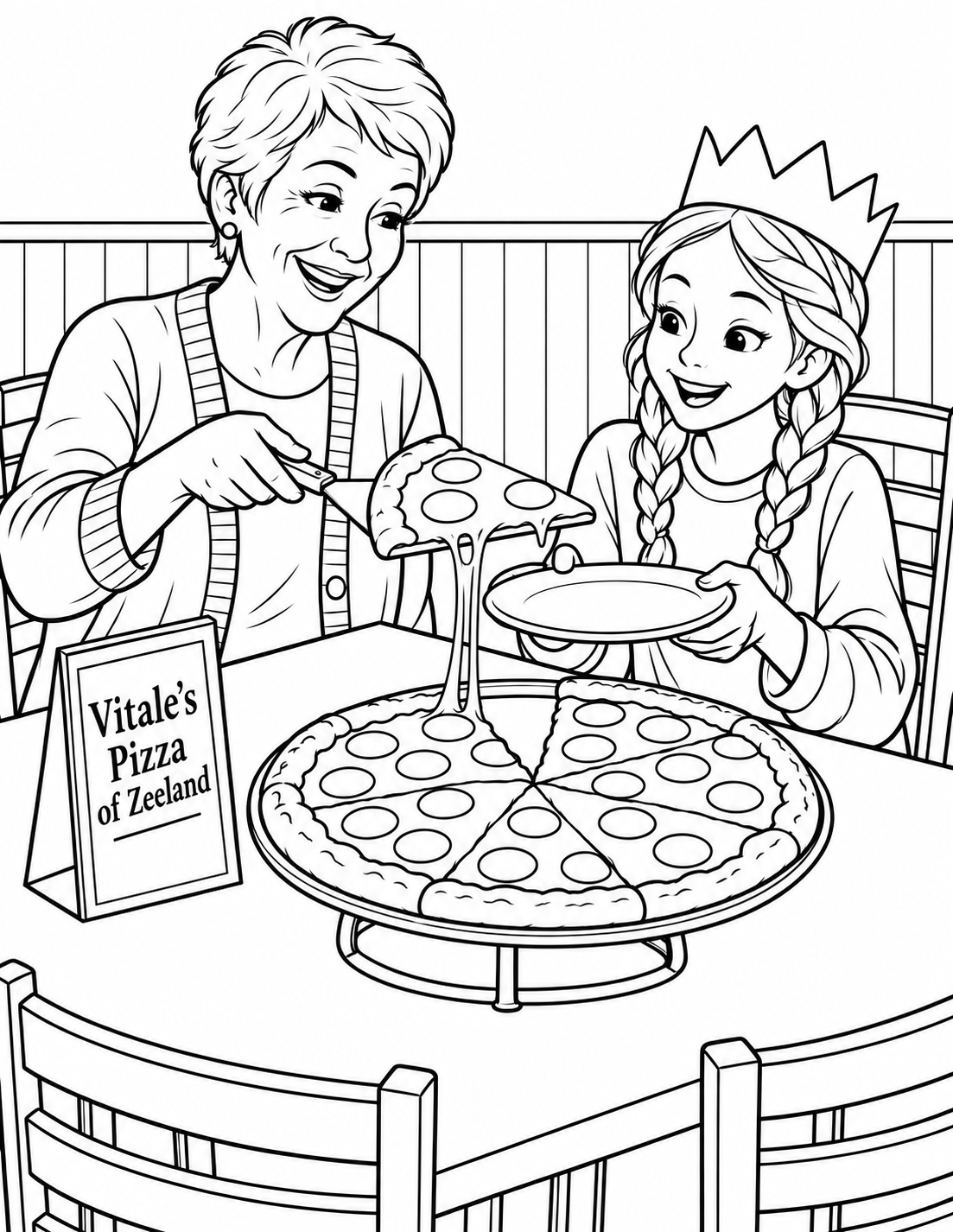 A smiling pixie-haired older woman serves a pizza wedge while a crowned braided child holds an empty plate beneath part of it. Two broad cheese strands join the lifted slice to a white outlined pizza on a supported tray.