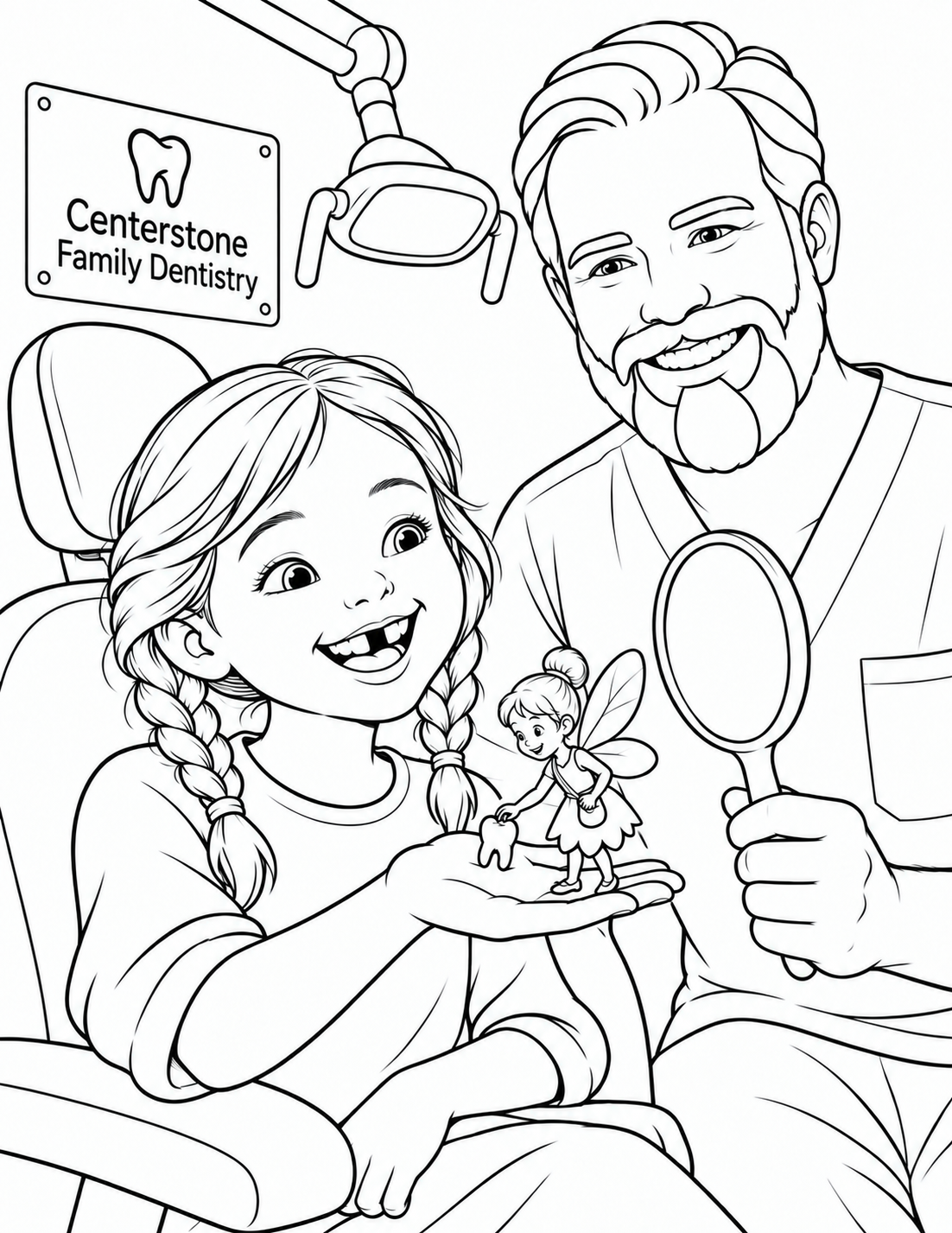 A smiling girl in a dental chair shows a small tooth to a tiny fairy standing on her open palm while a bearded dentist holds a hand mirror. A connected dental light hangs above the chair.