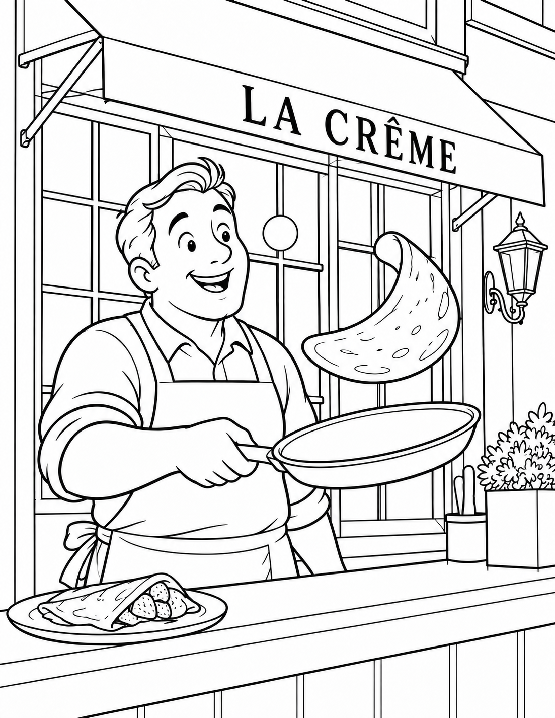 A cook flips a thin crepe above a frying pan while a plated strawberry crepe rests on the counter. A LA CRÊME awning, paned windows, and wall lantern sit behind him.