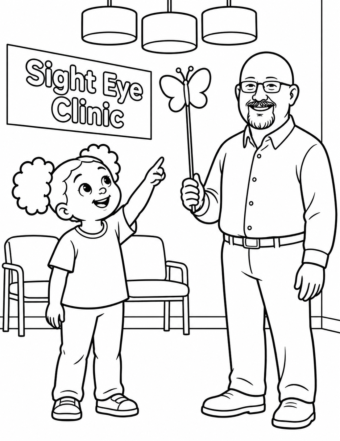 A puff-haired girl points up at a paper butterfly on the short wand held by a bald glasses-wearing physician in a simply restaged waiting room.