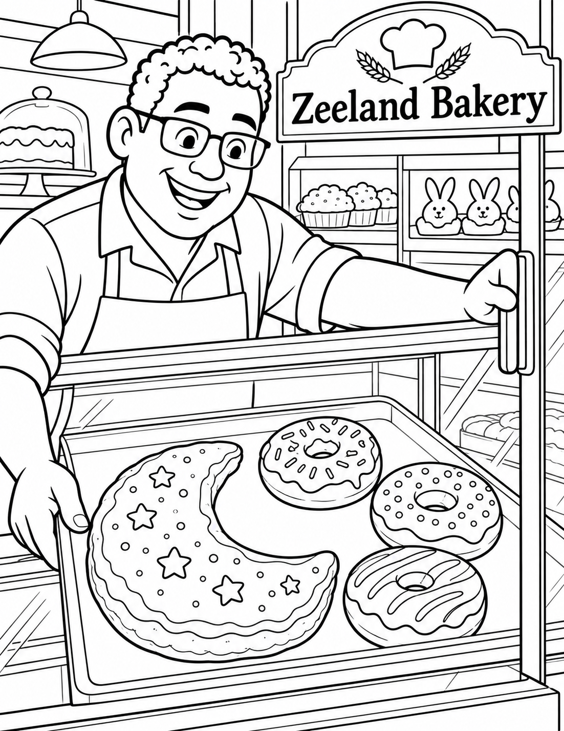 A baker slides open the real pastry-case door to reveal one large moon-shaped pastry and three simple donuts arranged like small planets.