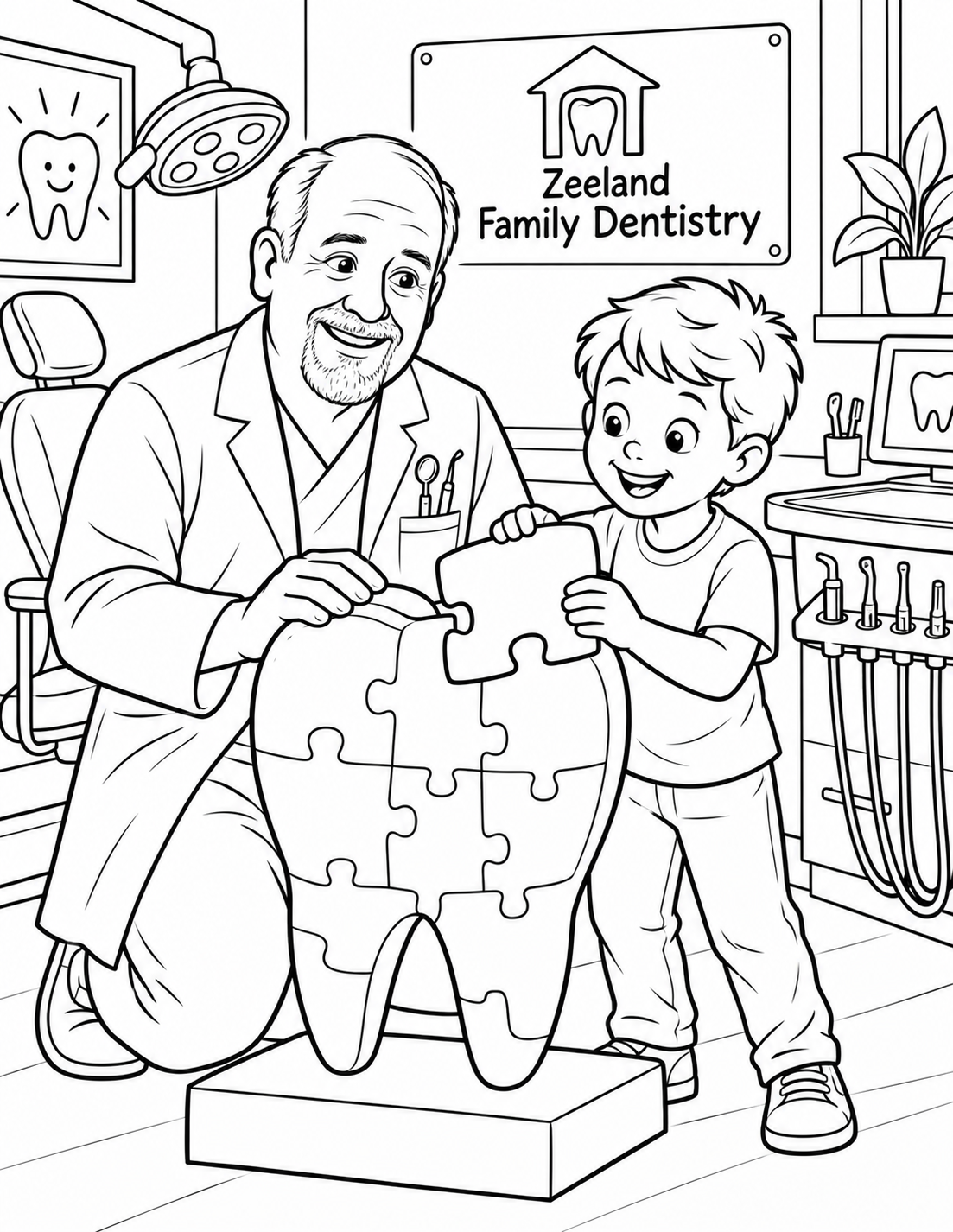 An older dentist and child fit one last oversized enamel-shaped puzzle piece into a freestanding tooth model; the dental chair and tool tray anchor the room.