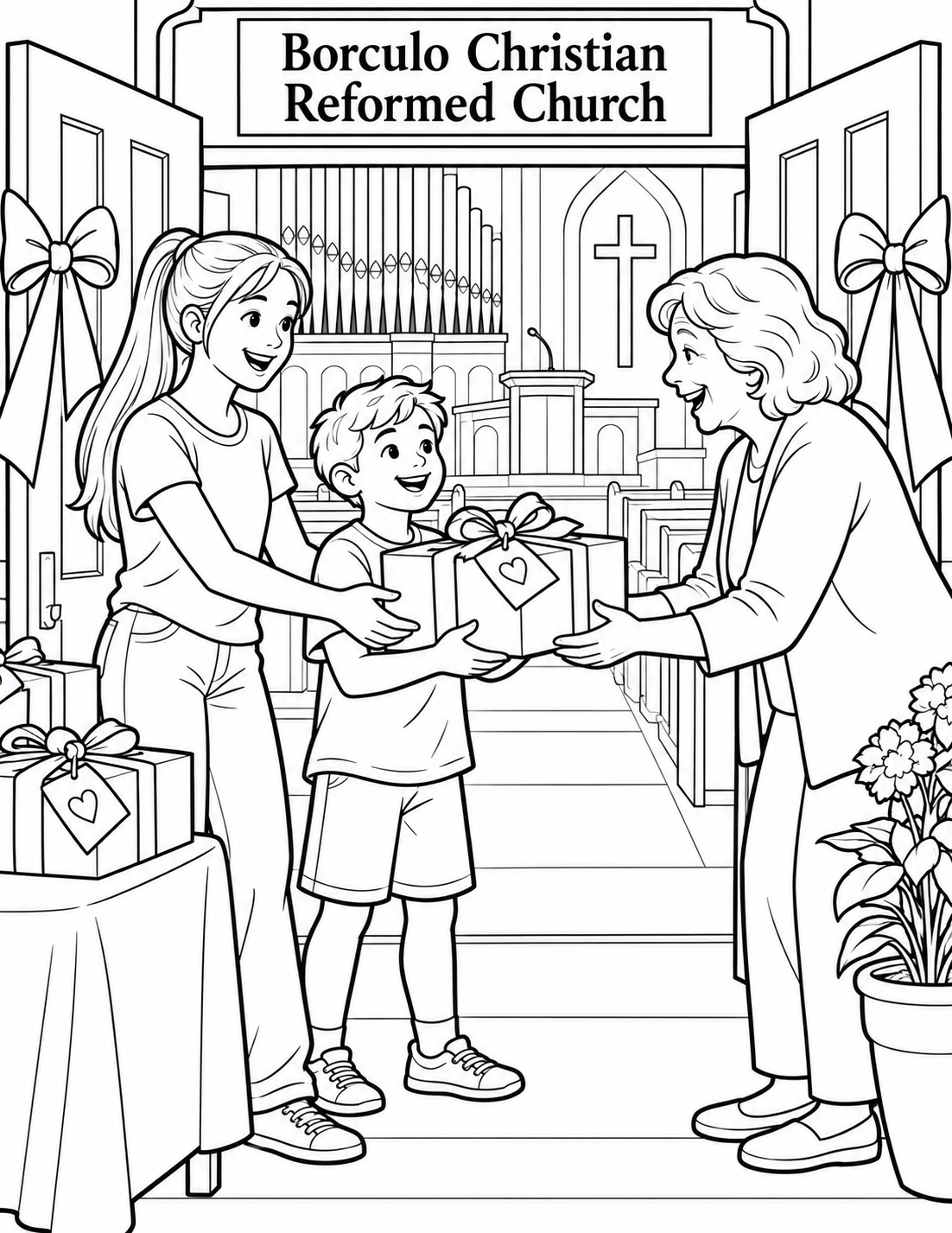 A child and older adult pass one decorated care package through a broad ribbon doorway toward a welcoming neighbor; a verified church feature anchors the background.