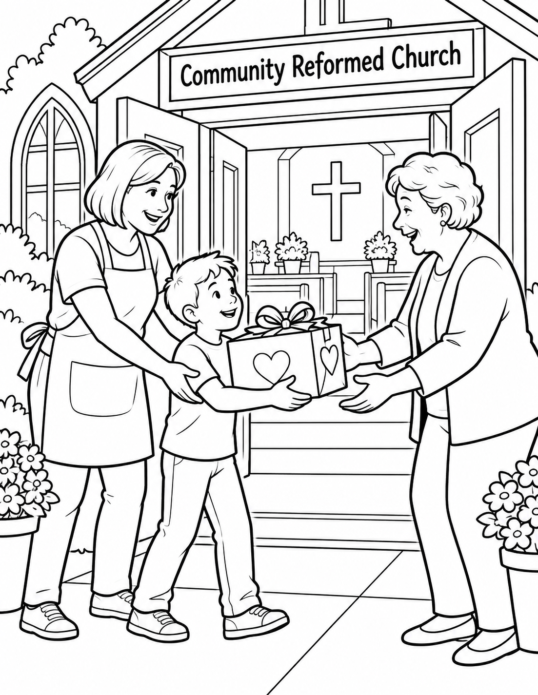 A child and older adult pass one decorated care package through a broad ribbon doorway toward a welcoming neighbor; a verified church feature anchors the background.